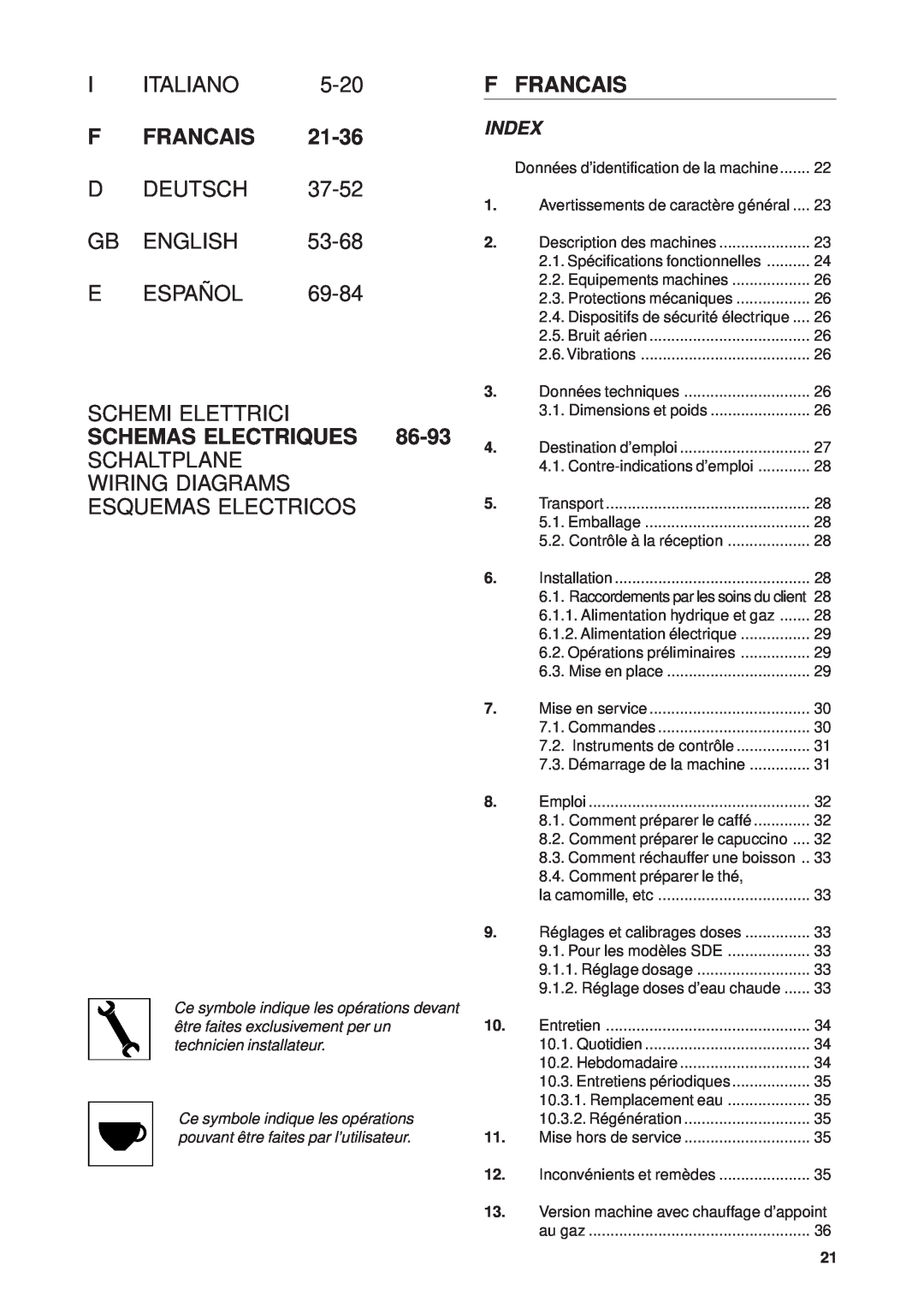 Rancilio Millennium manual Italiano, 5-20, 21-36, Deutsch, 37-52, English, Español, 69-84, Schemi Elettrici, F Francais 