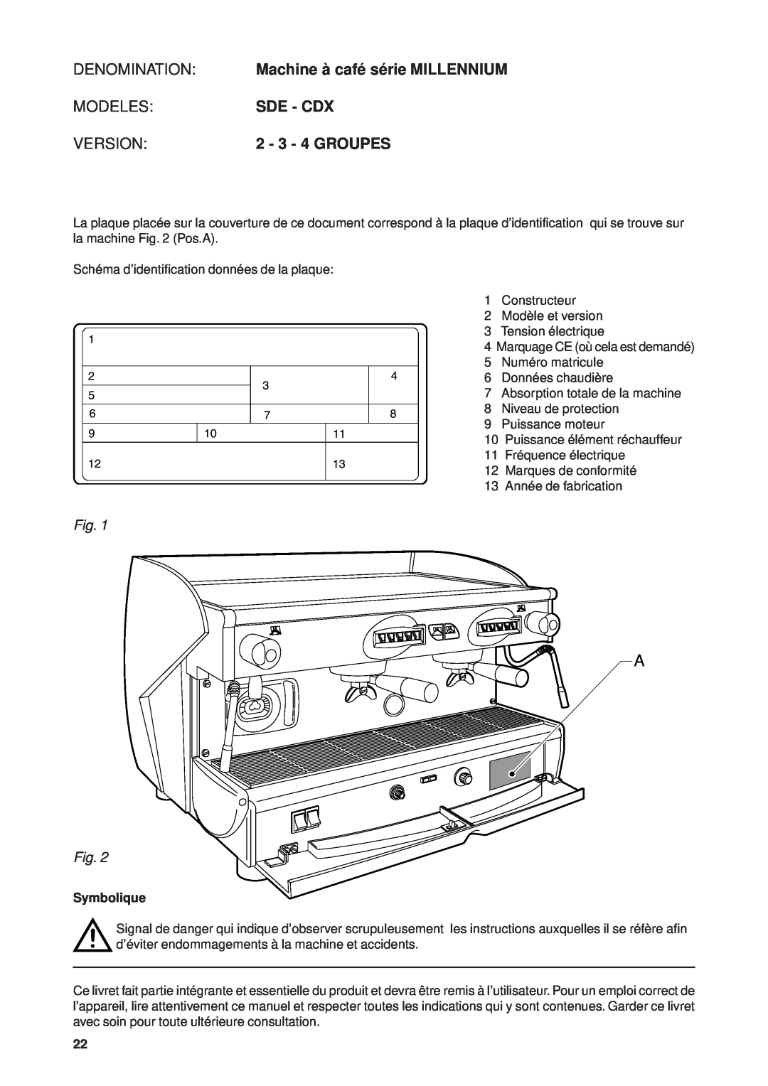 Rancilio Millennium manual DENOMINATION Machine à café série MILLENNIUM, Modelessde - Cdx, Version, 2 - 3 - 4 GROUPES 