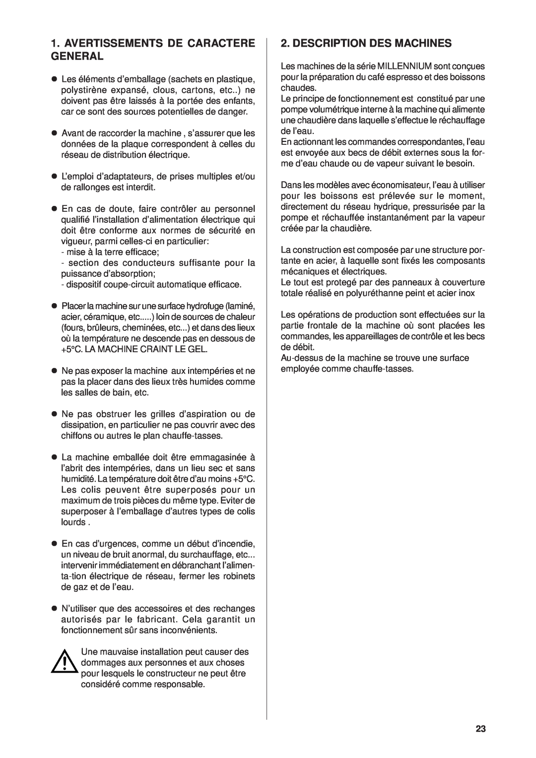 Rancilio Millennium manual Avertissements De Caractere General, Description Des Machines 