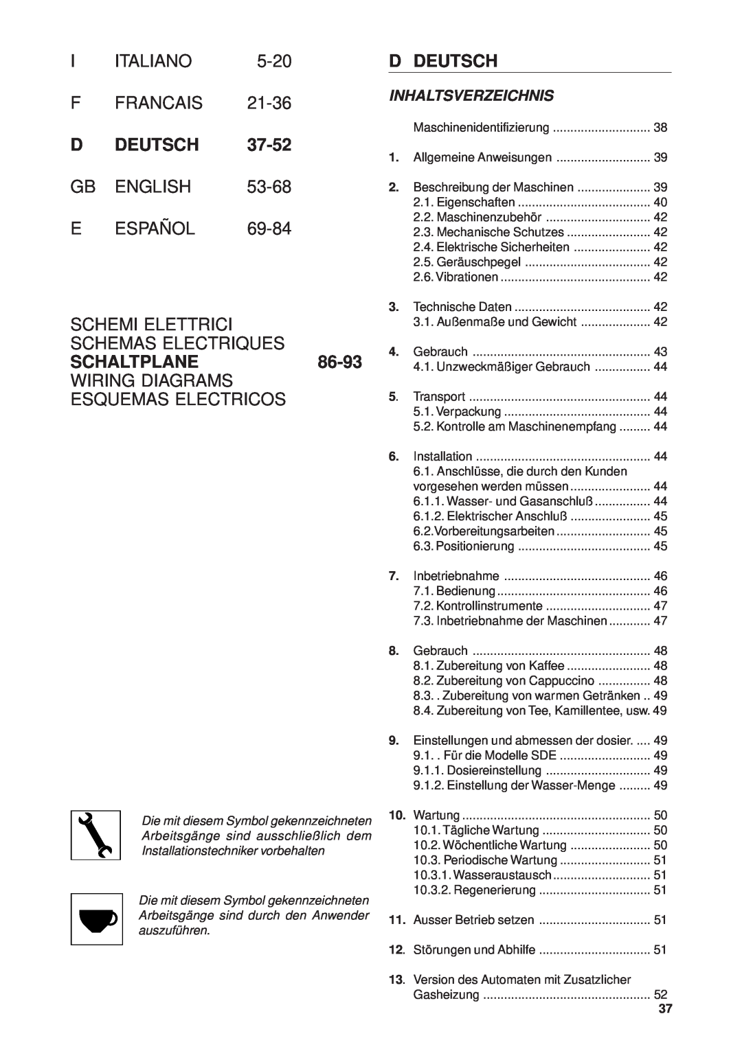 Rancilio Millennium F Francais, D Deutsch, Schemi Elettrici Schemas Electriques, SCHALTPLANE86-93, Inhaltsverzeichnis 