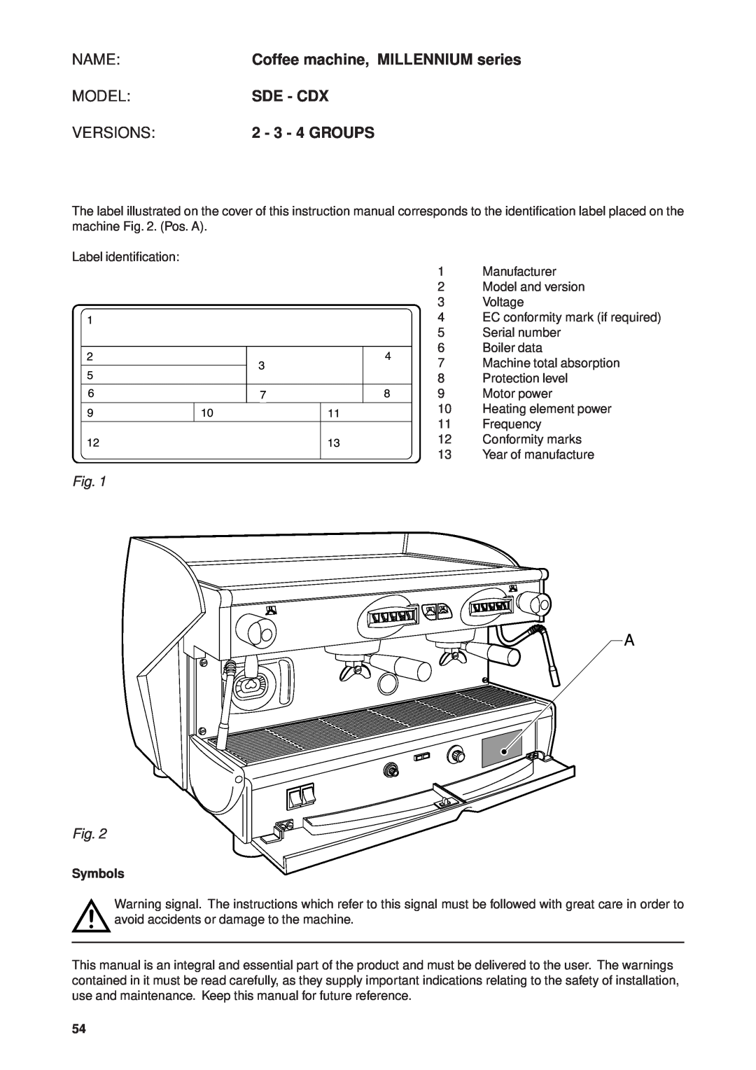 Rancilio Millennium manual Name, Coffee machine, MILLENNIUM series, Model, Sde - Cdx, Versions, 2 - 3 - 4 GROUPS 