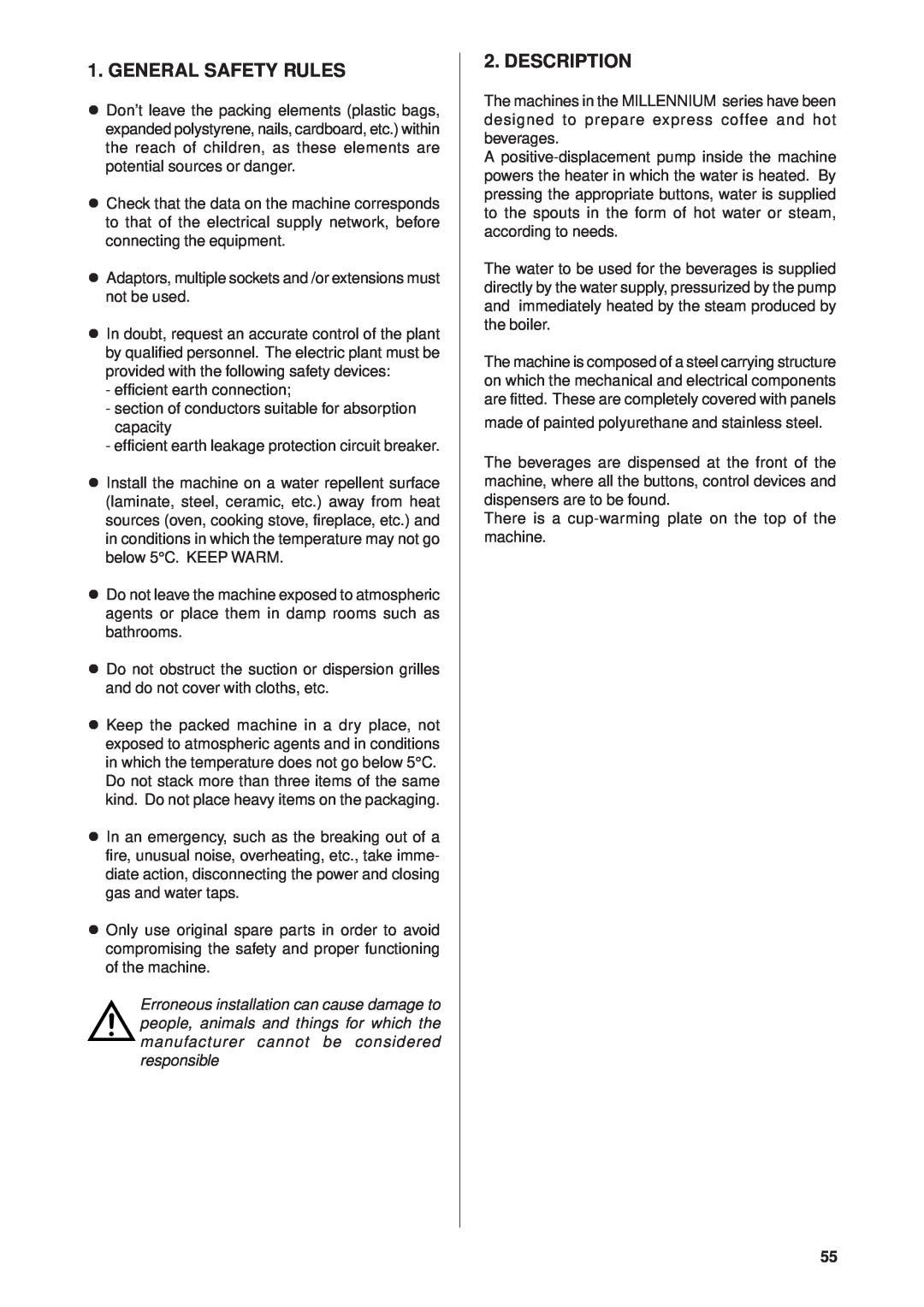 Rancilio Millennium manual General Safety Rules, Description 