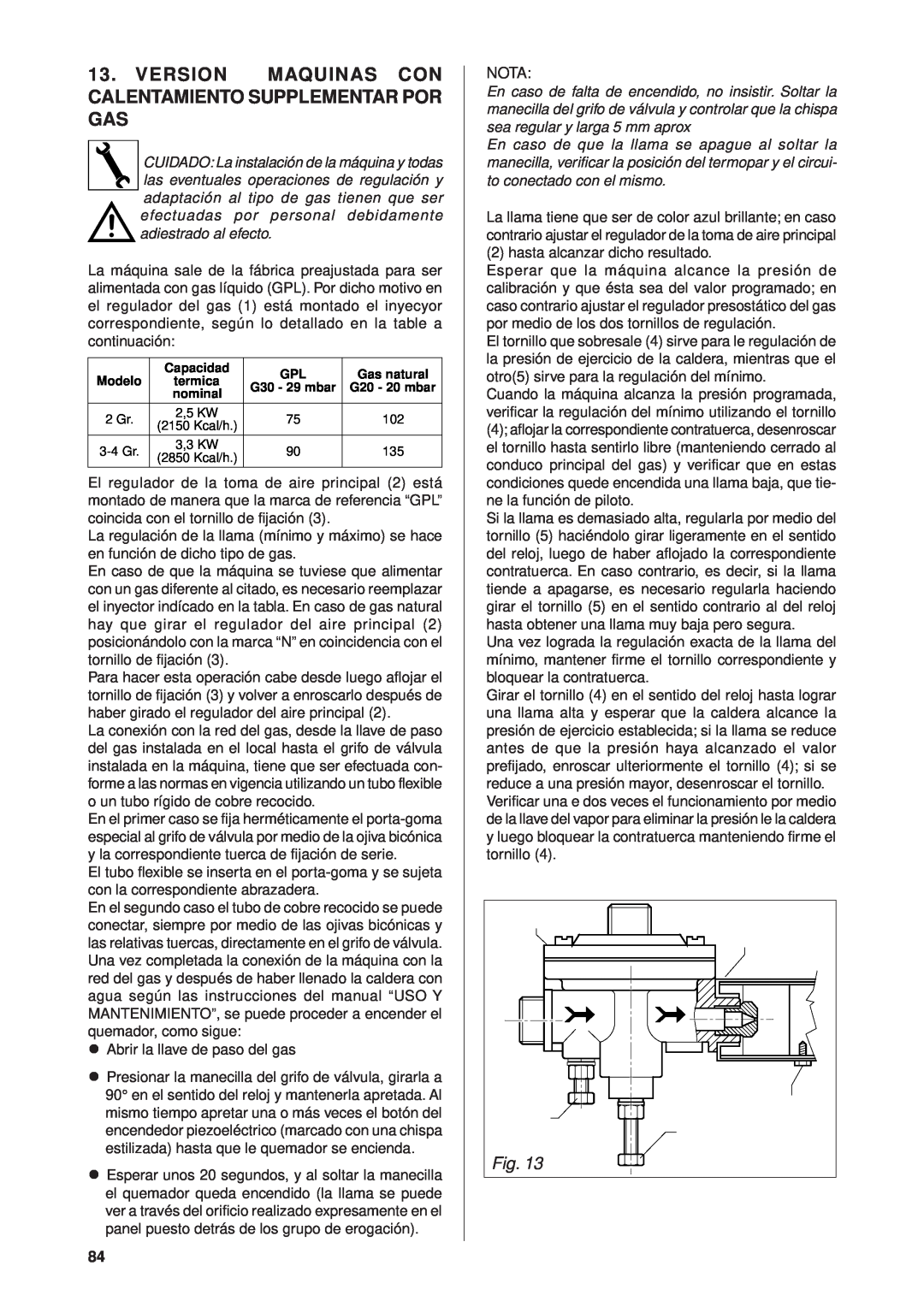 Rancilio Millennium manual Version Maquinas Con Calentamiento Supplementar Por Gas 
