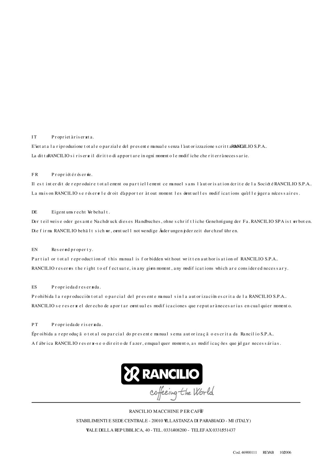 Rancilio ROCKY-SD manual Rancilio Macchine PER Caffè 