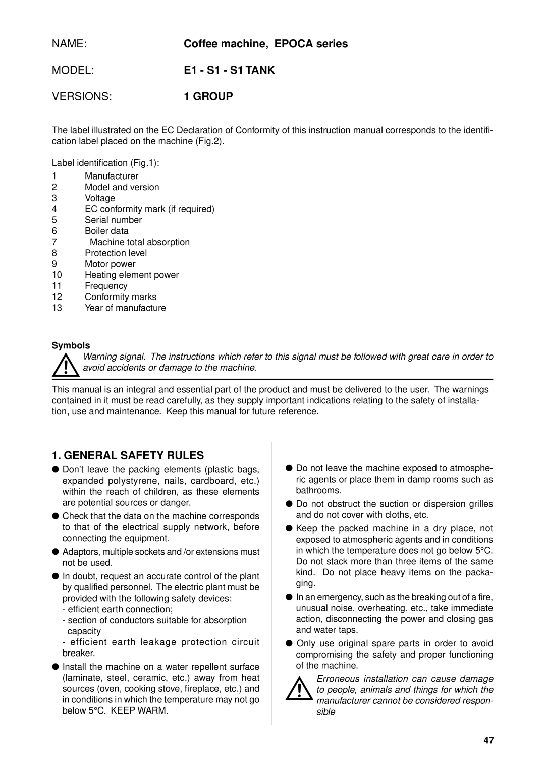 Rancilio E1, S1 TANK manual Group, General Safety Rules, Symbols 