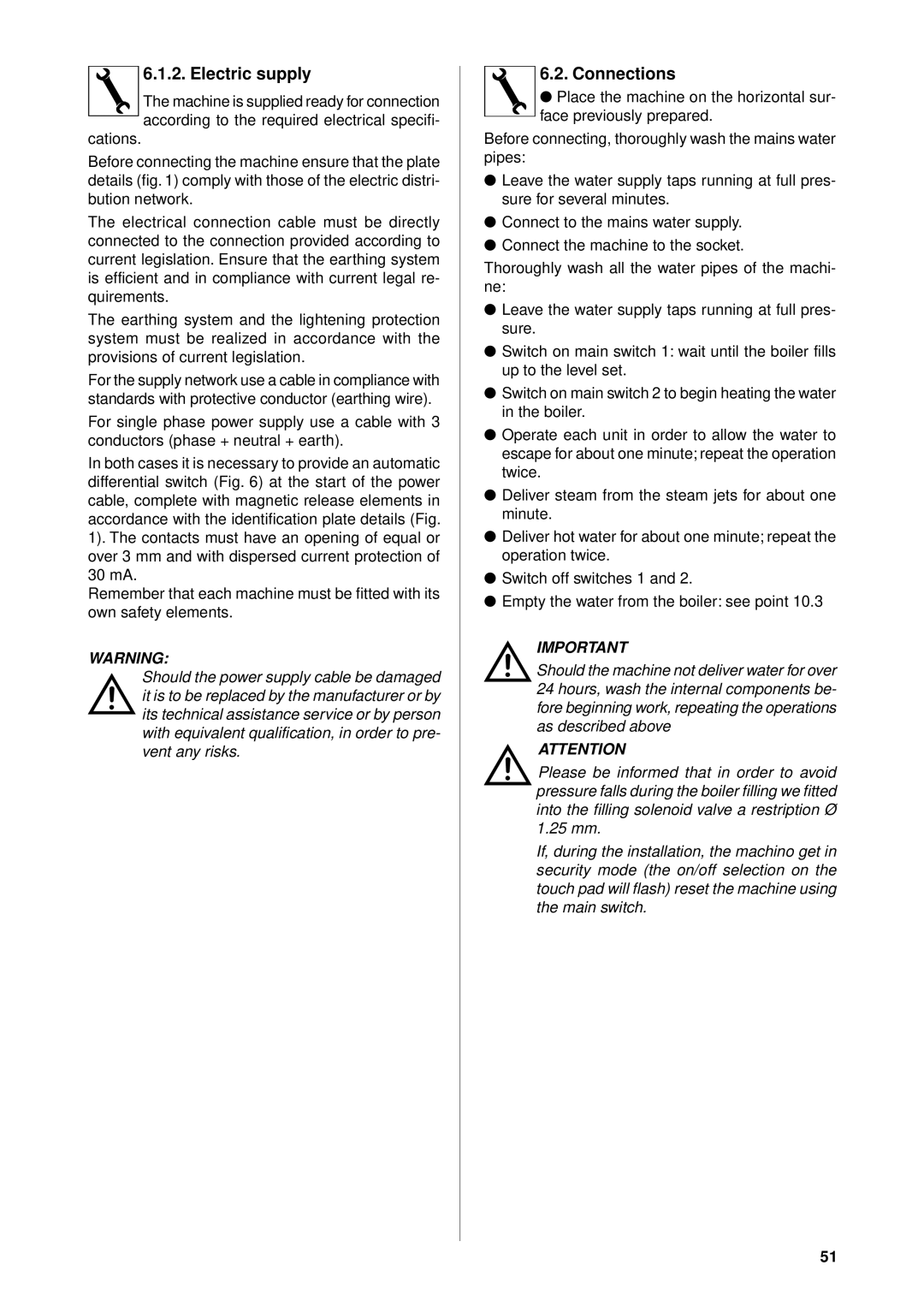 Rancilio S1 TANK, E1 manual Electric supply, Connections 