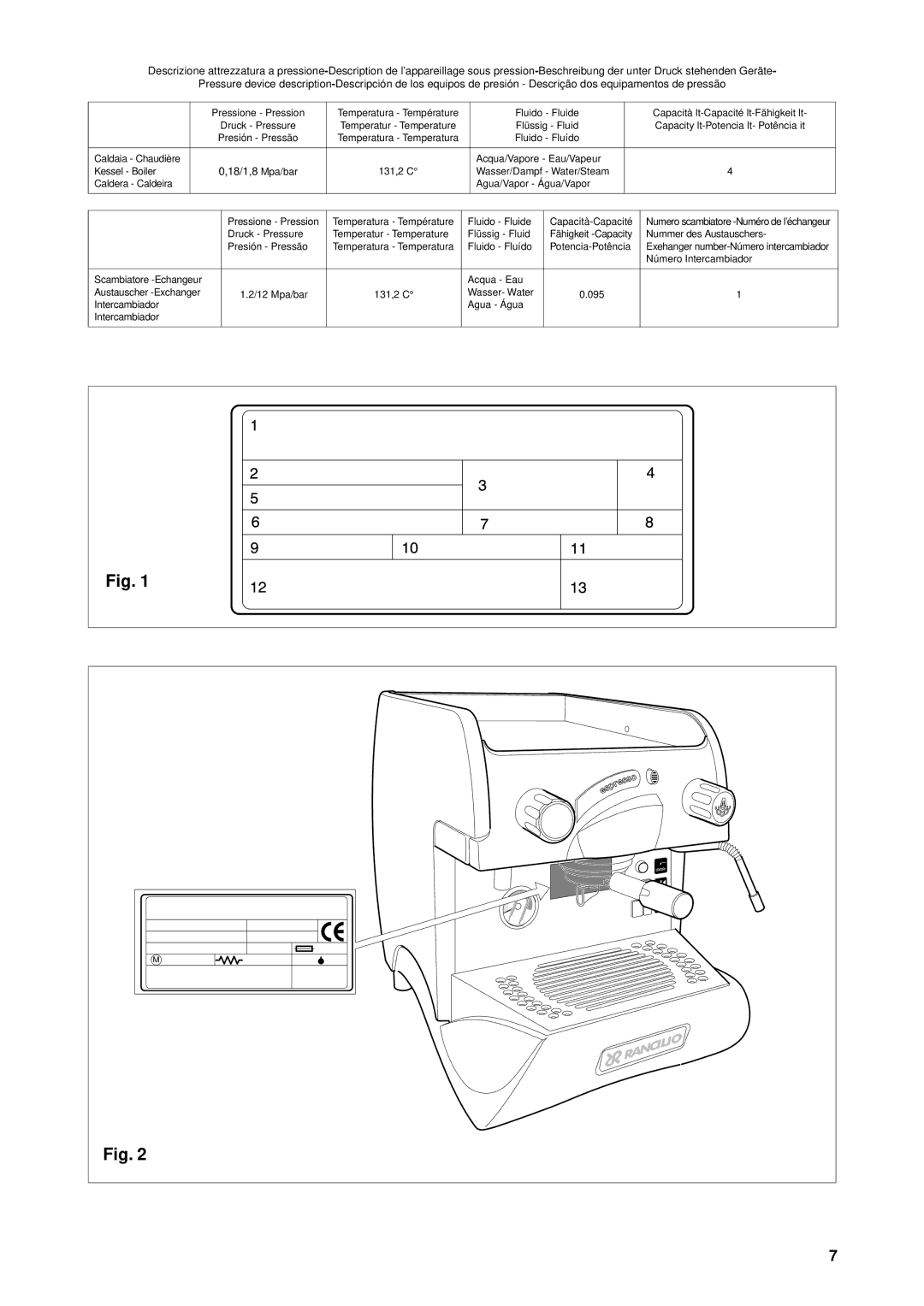 Rancilio S1 TANK, E1 manual Fluido Fluide Capacità lt-Capacité lt-Fähigkeit lt 