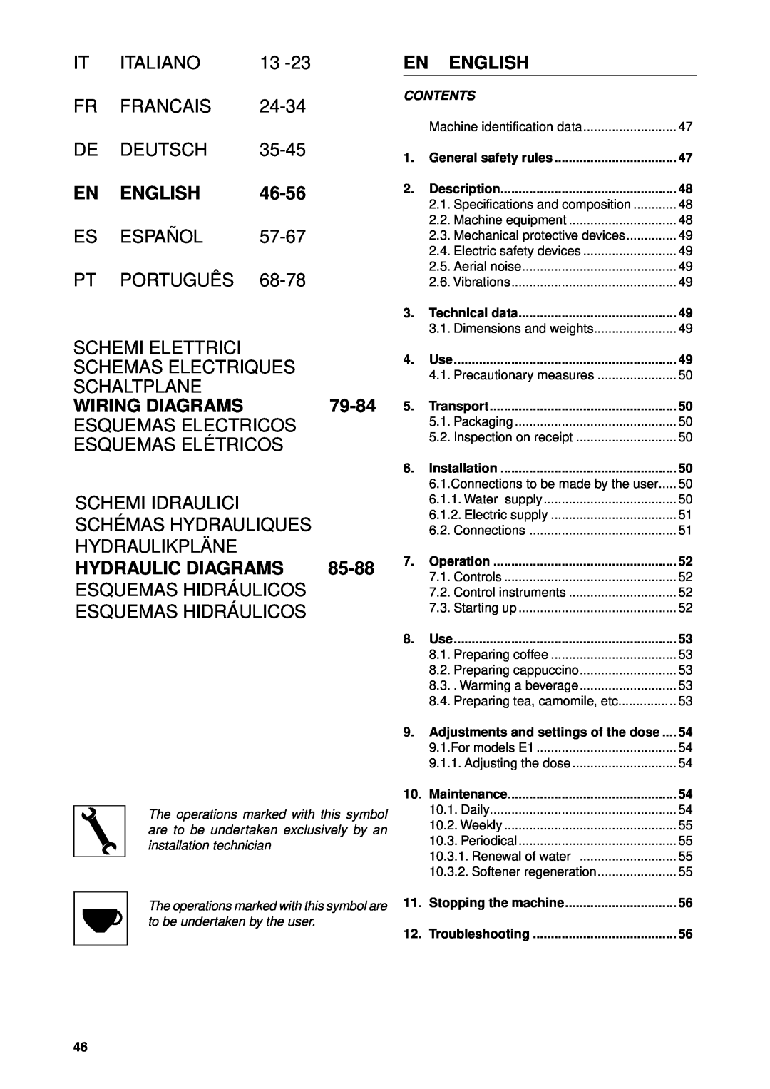 Rancilio S1 TANK, E1 manual English, 46-56, Wiring Diagrams, 79-84, Hydraulic Diagrams, 85-88 