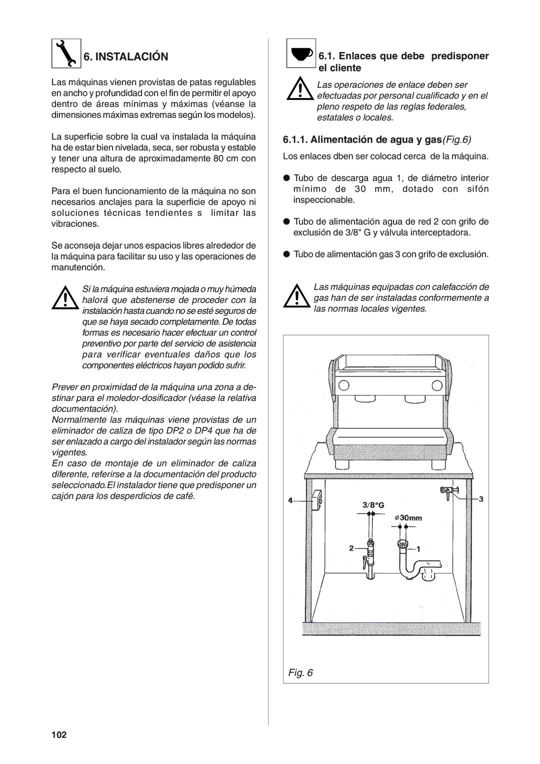 Rancilio S20 manual Instalación, Enlaces que debe predisponer el cliente, Alimentación de agua y gasFig.6, 102 