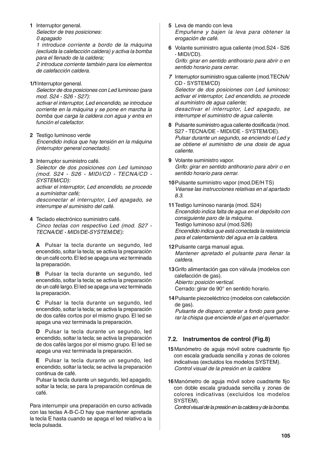 Rancilio S20 manual Instrumentos de control, 105 