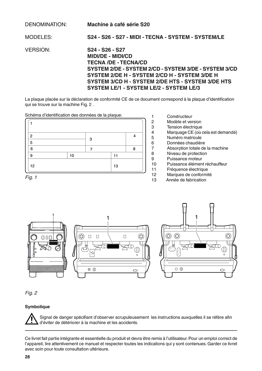 Rancilio S20 manual MODELESS24 S26 S27 Midi Tecna System SYSTEM/LE, Symbolique 