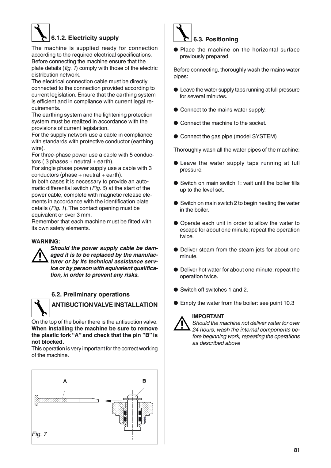 Rancilio S20 manual Electricity supply, Preliminary operations, Positioning 