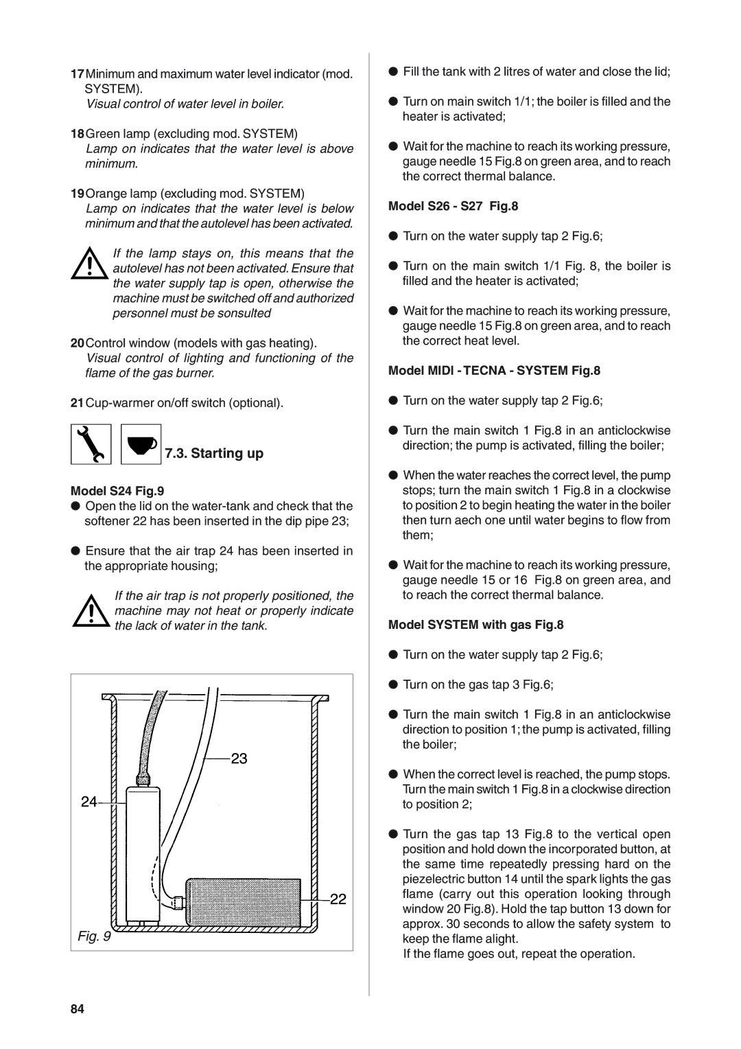 Rancilio S20 manual Starting up, Model S24, Model S26 S27, Model Midi Tecna System, Model System with gas 