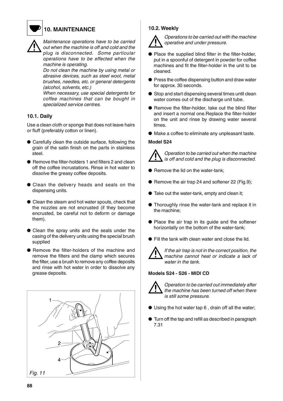 Rancilio S20 manual Maintenance, Daily, Weekly, Models S24 S26 Midi CD 