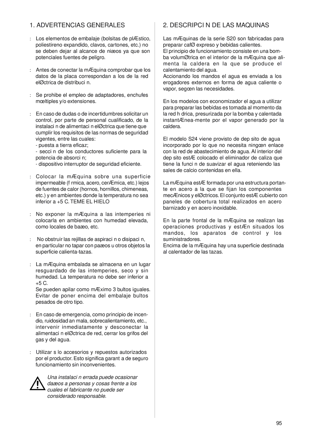 Rancilio S20 manual Advertencias Generales, Descripción DE LAS Maquinas 