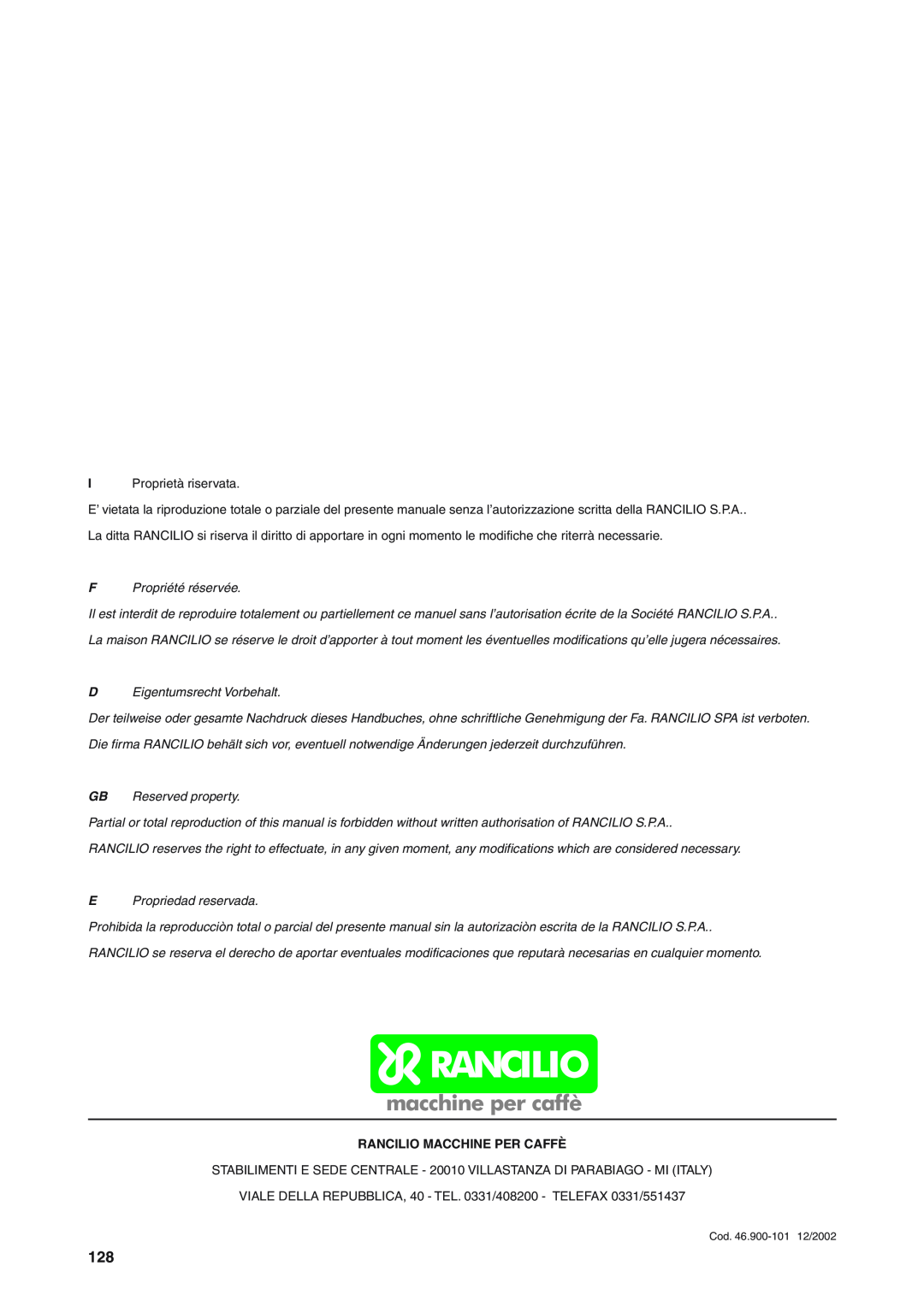 Rancilio S20 manual F Propriété réservée, D Eigentumsrecht Vorbehalt, GB Reserved property, E Propriedad reservada 