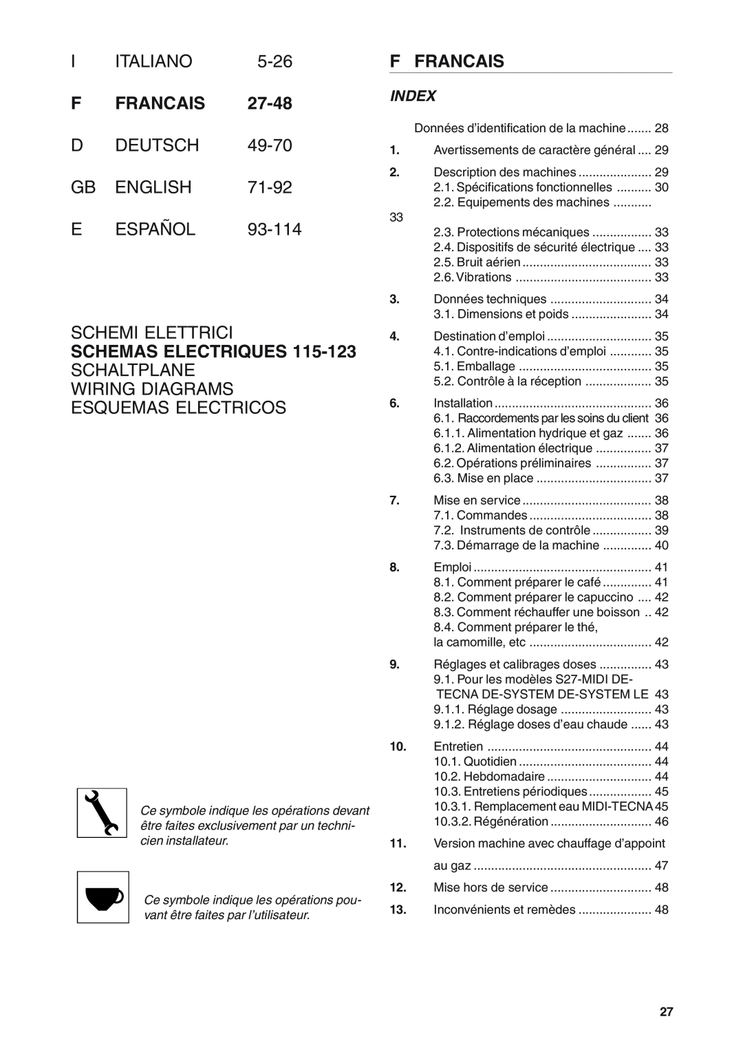 Rancilio S20 Italiano, 5-26, F Francais, D Deutsch, E Español Schemi Elettrici, Schemas Electriques, Index, Gb English 