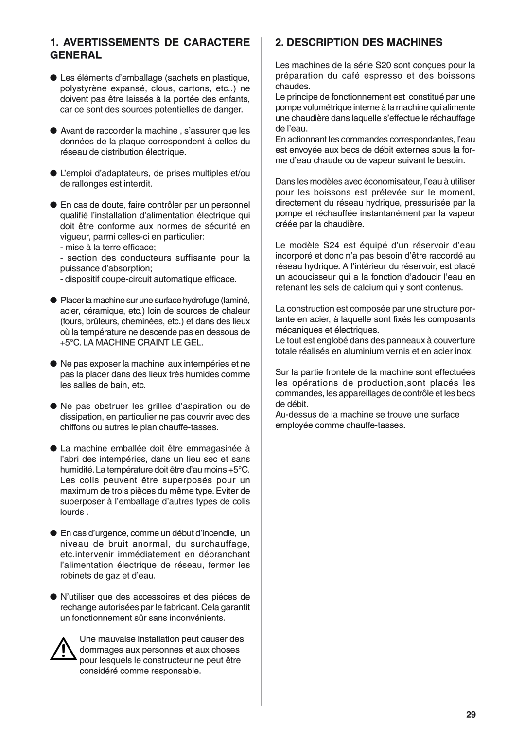 Rancilio S20 manual Avertissements De Caractere General, Description Des Machines 