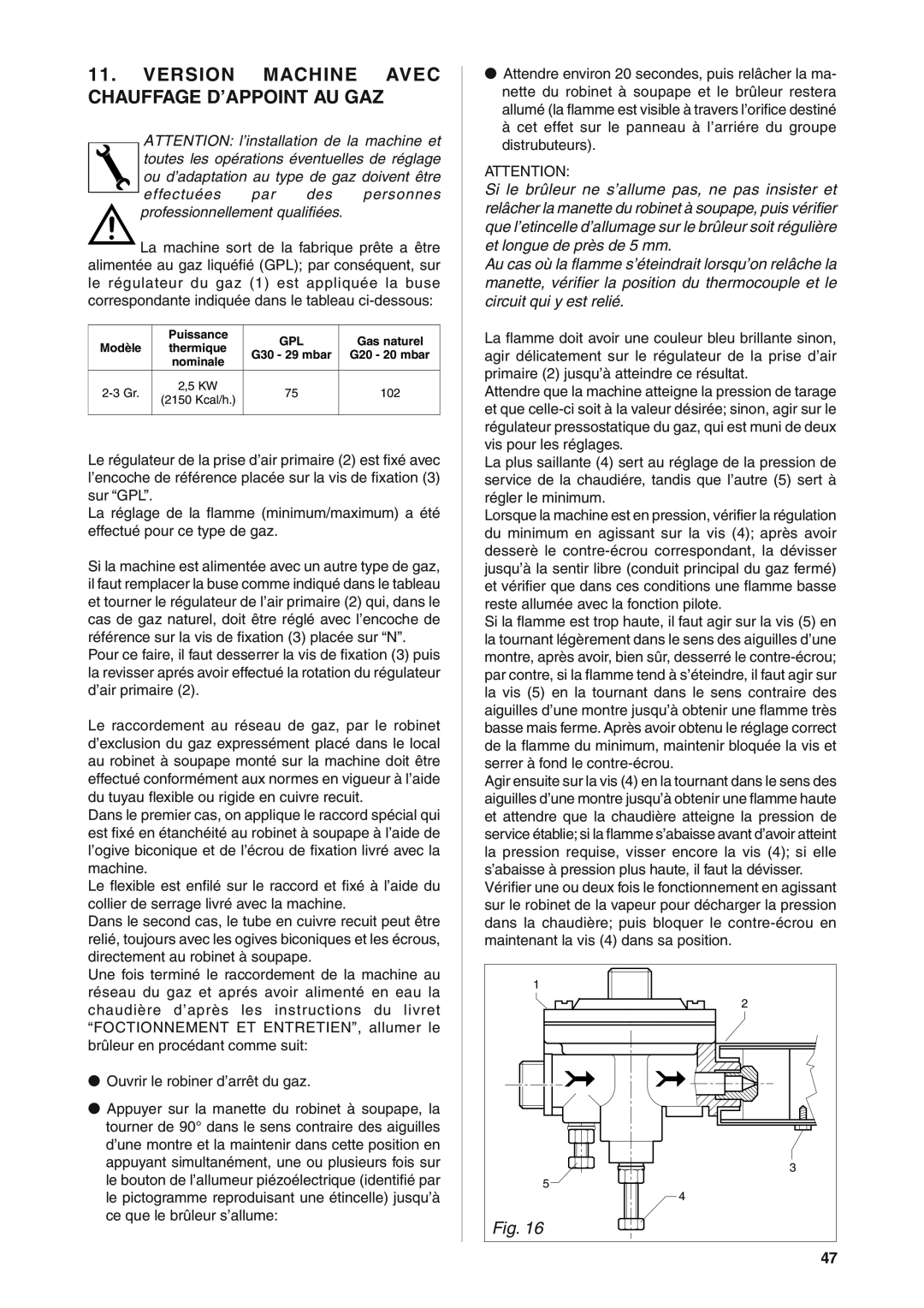 Rancilio S20 manual Version Machine Avec Chauffage D’Appoint Au Gaz 