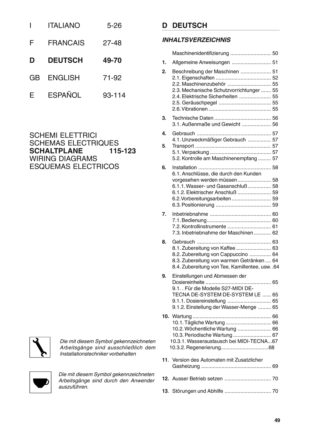 Rancilio S20 F Francais, D Deutsch, E Español Schemi Elettrici Schemas Electriques, Schaltplane, Inhaltsverzeichnis, 5-26 