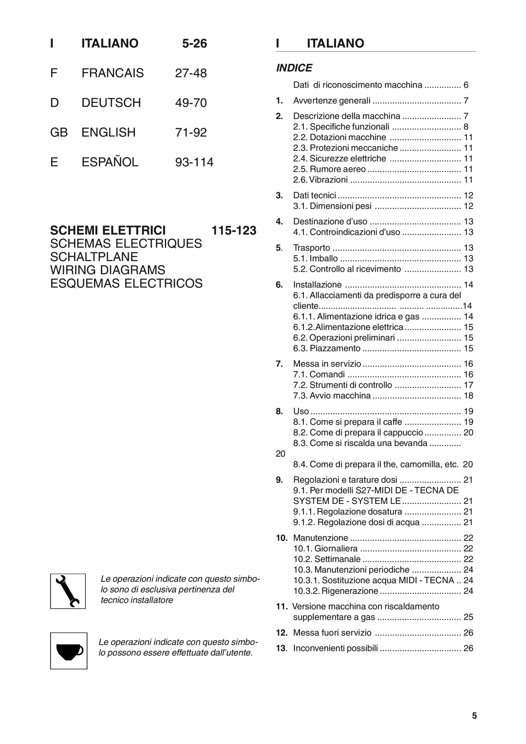 Rancilio S20 manual I Italiano, F Francais D Deutsch, Gb English, 71-92, E Español, Schemi Elettrici, 115-123, Indice 
