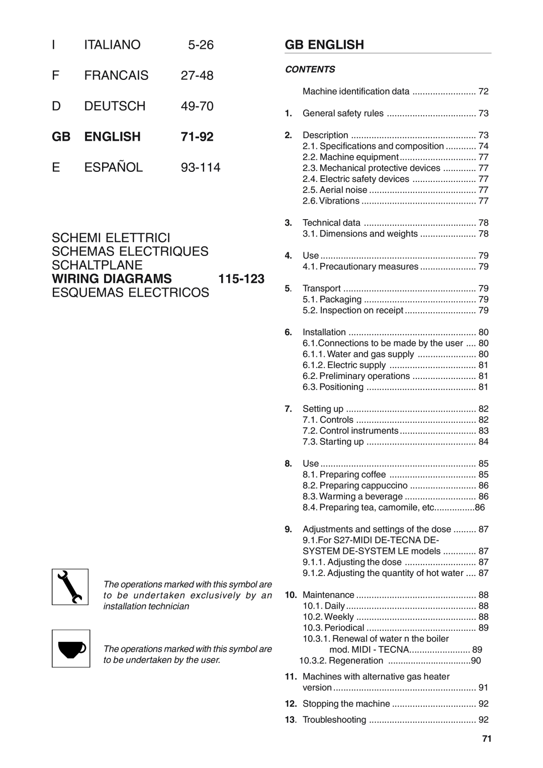Rancilio S20 Gb English, 71-92, Schemi Elettrici, Schemas Electriques, Schaltplane, Wiring Diagrams, Contents, Italiano 
