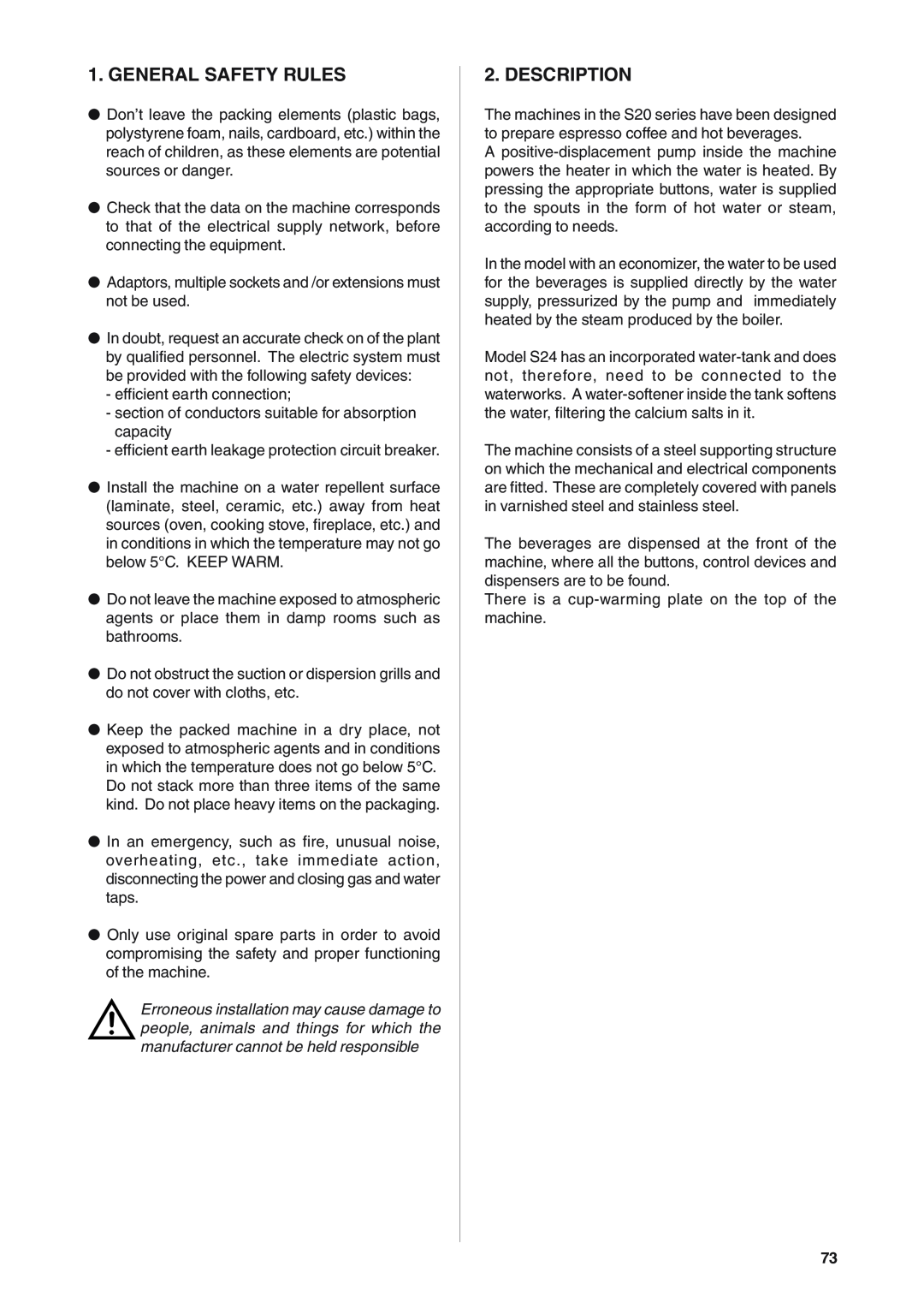 Rancilio S20 manual General Safety Rules, Description 