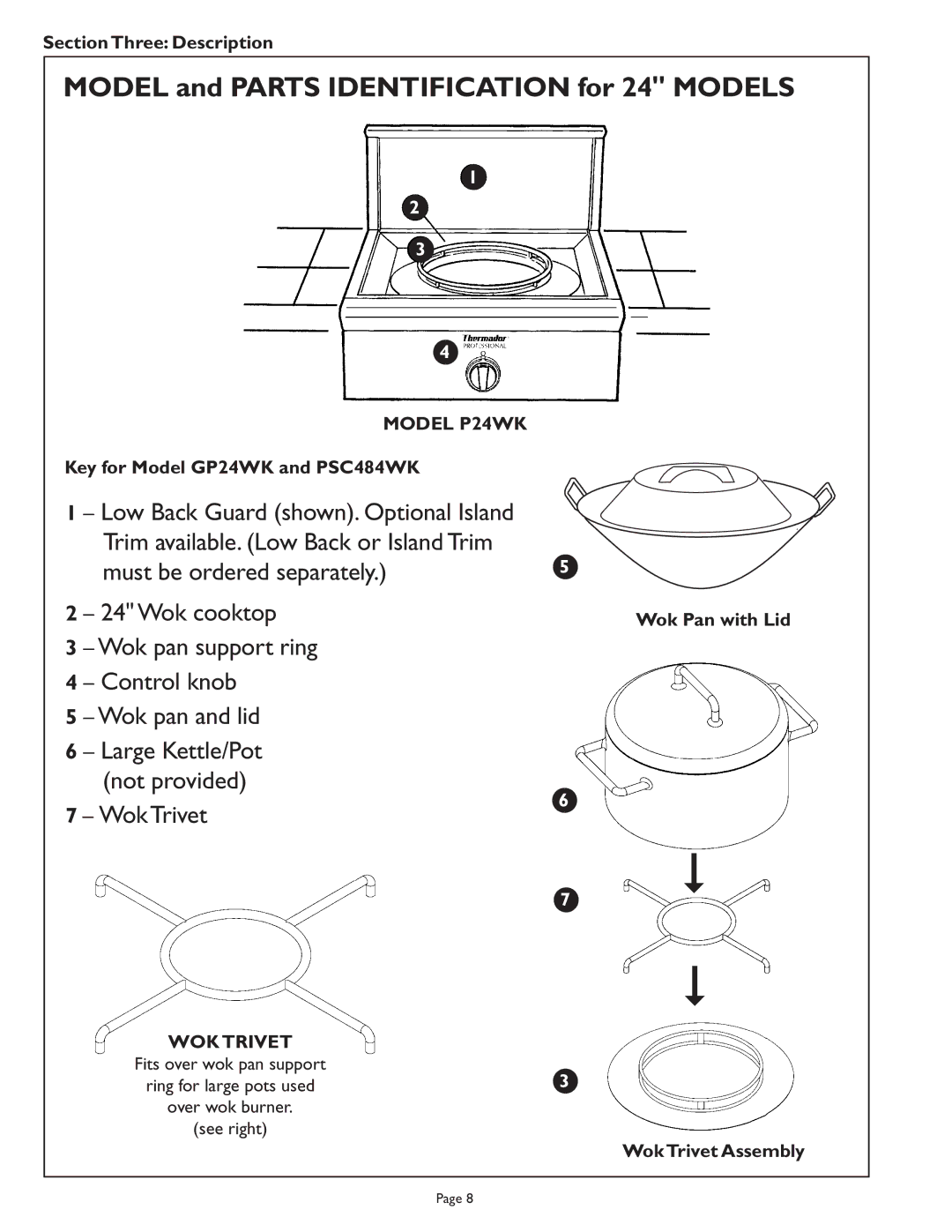 Range Kleen PSC364GD Model P24WK, Key for Model GP24WK and PSC484WK, Wok Pan with Lid, WOK Trivet, Wok Trivet Assembly 