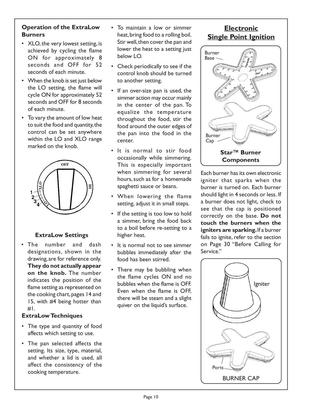 Range Kleen PSC486GD Operation of the ExtraLow Burners, ExtraLow Settings, ExtraLow Techniques, Star Burner Components 