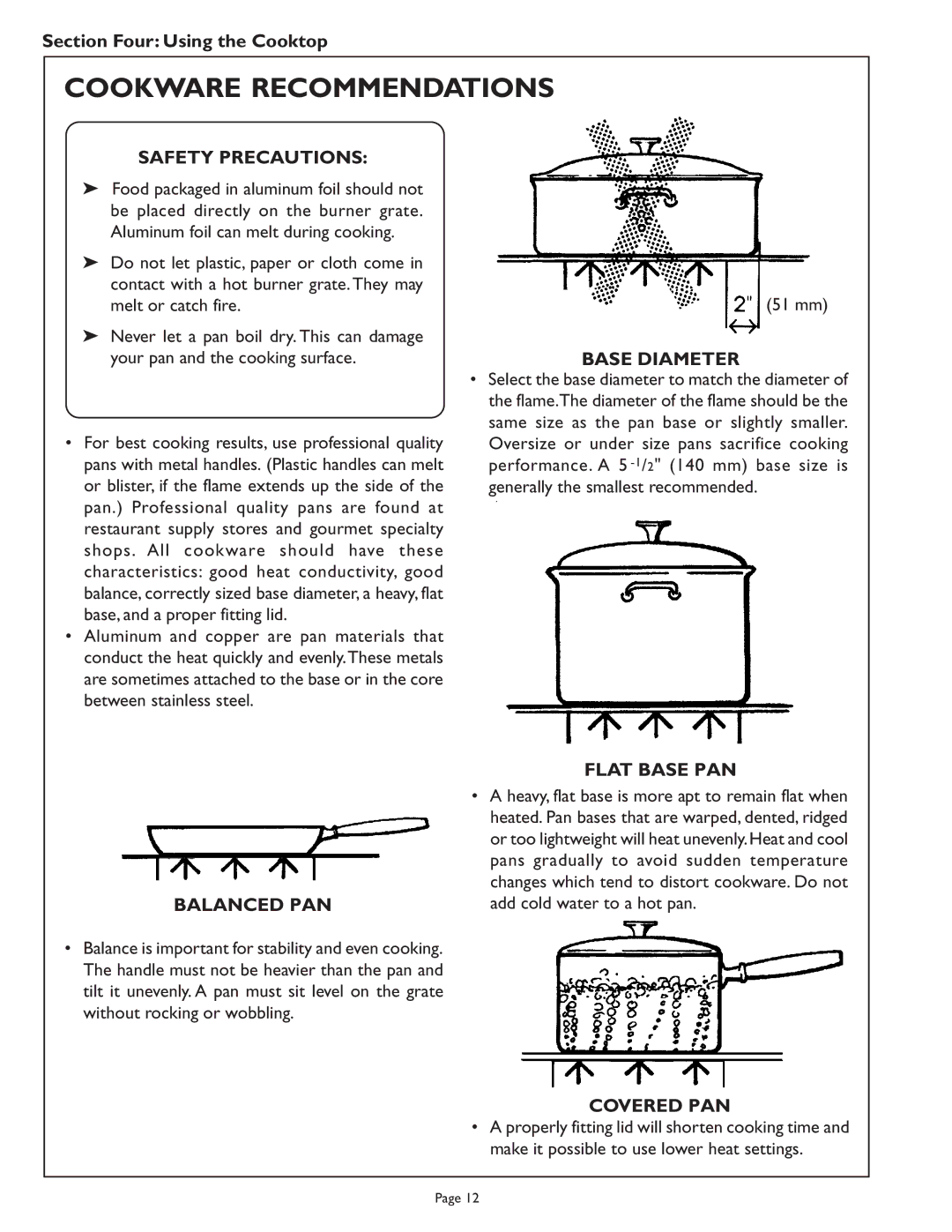 Range Kleen PSC484GG, PSC486GL, PSC364GL, PSC364GD, PSC366, PSC486GD, PSC484WK manual Cookware Recommendations 