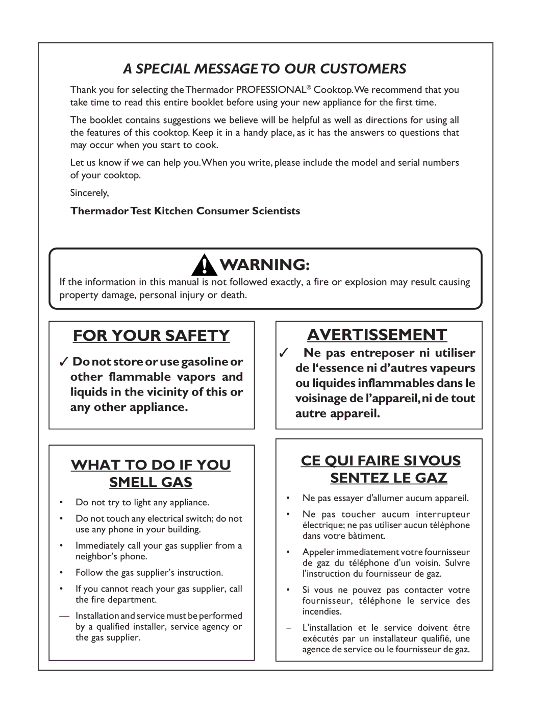 Range Kleen PSC364GL, PSC484GG, PSC486GL, PSC366 For Your Safety, Avertissement, Thermador Test Kitchen Consumer Scientists 