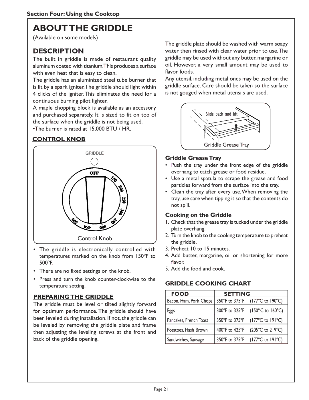 Range Kleen PSC364GL, PSC484GG, PSC486GL manual Aboutthe Griddle, Control Knob, Preparing the Griddle, Griddle Cooking Chart 