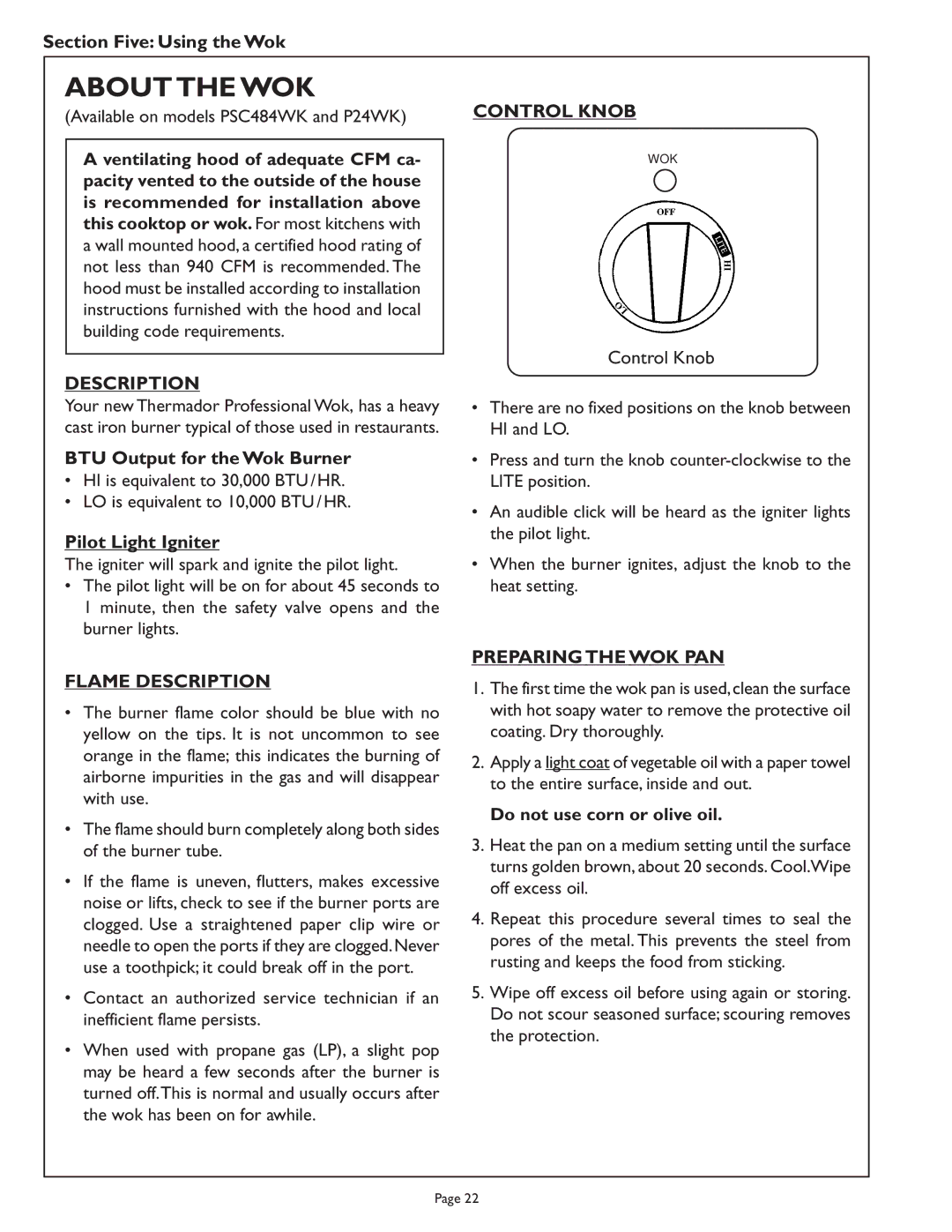 Range Kleen PSC364GD, PSC484GG, PSC486GL, PSC364GL, PSC366, PSC486GD, PSC484WK Aboutthe WOK, Description, Preparing the WOK PAN 