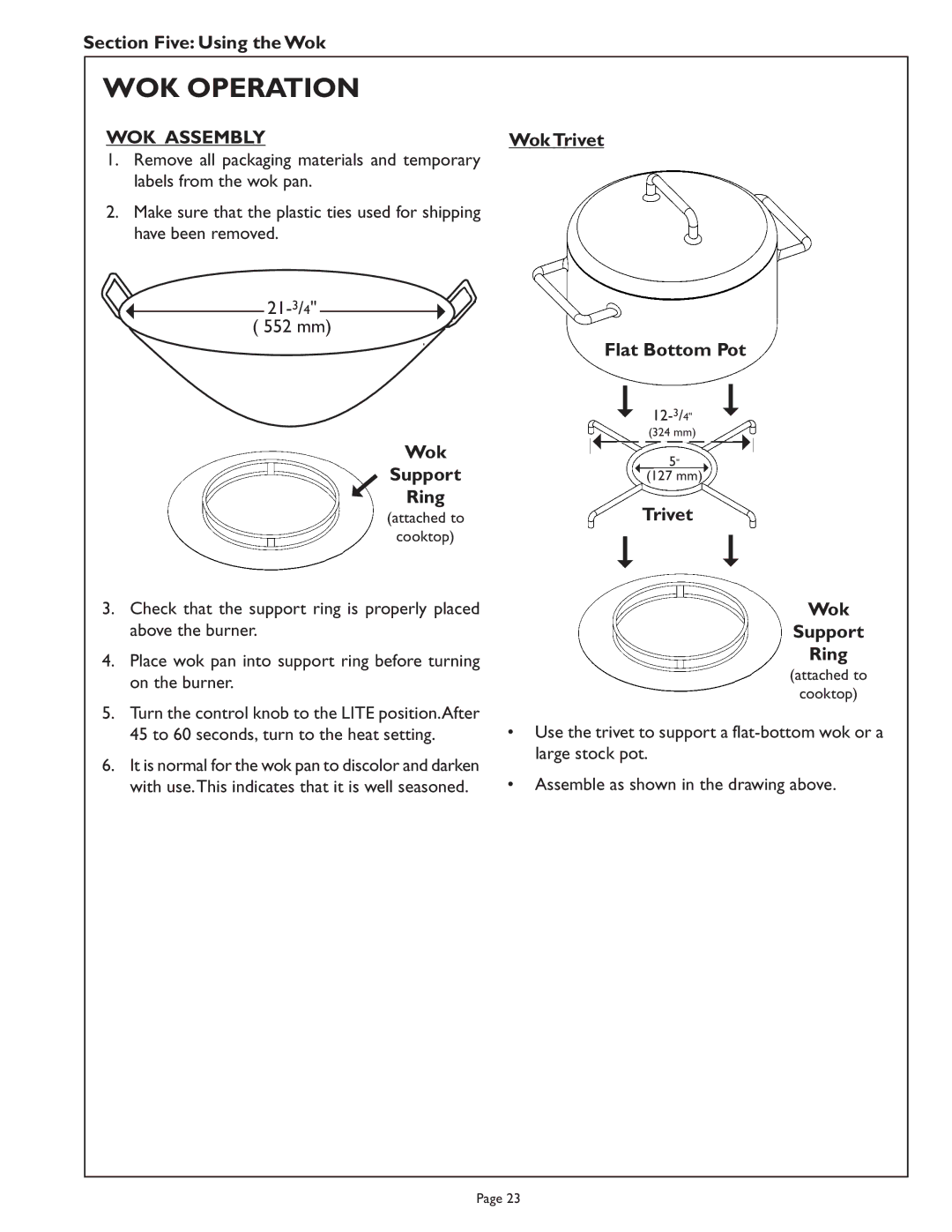 Range Kleen PSC366, PSC484GG, PSC486GL WOK Operation, WOK Assembly, Wok Trivet Flat Bottom Pot, Trivet Wok Support Ring 