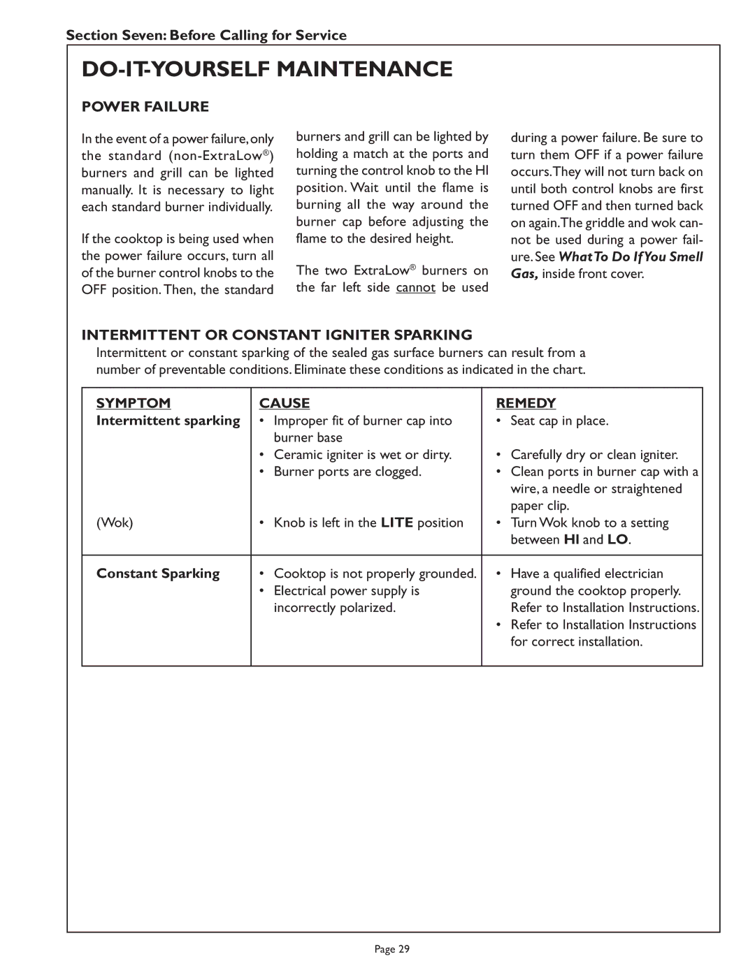 Range Kleen PSC364GD, PSC484GG DO-IT-YOURSELF Maintenance, Section Seven Before Calling for Service, Intermittent sparking 