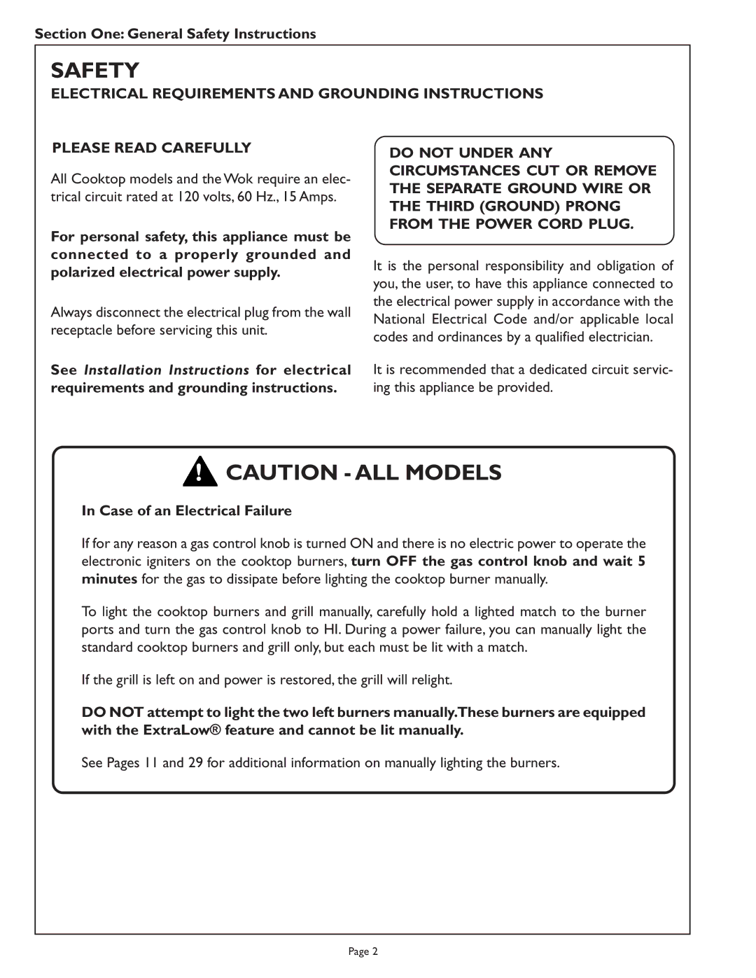 Range Kleen PSC366, PSC484GG, PSC486GL, PSC364GL Section One General Safety Instructions, Case of an Electrical Failure 