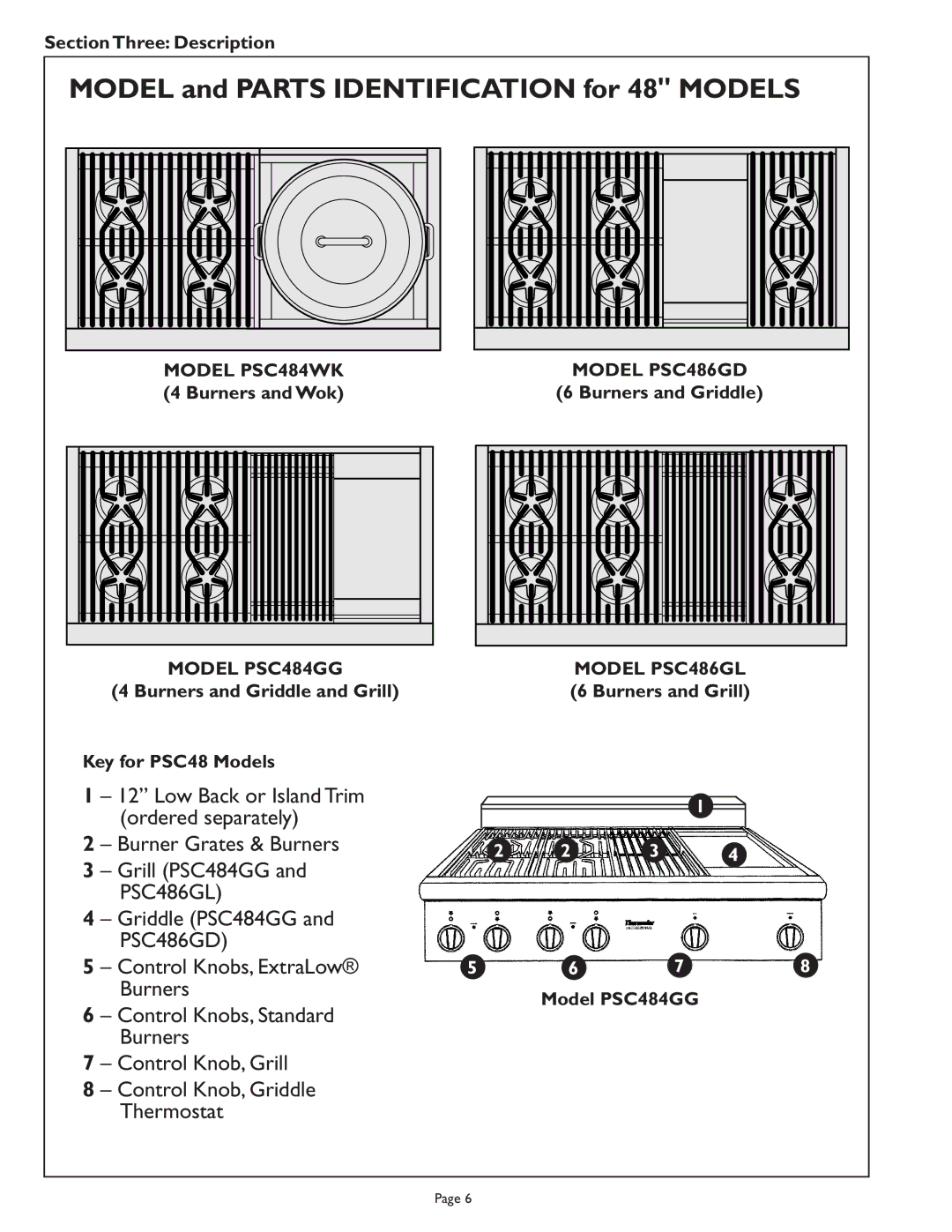 Range Kleen PSC486GL, PSC366 Section Three Description, Model PSC484WK Model PSC486GD, Burners and Griddle, Model PSC484GG 