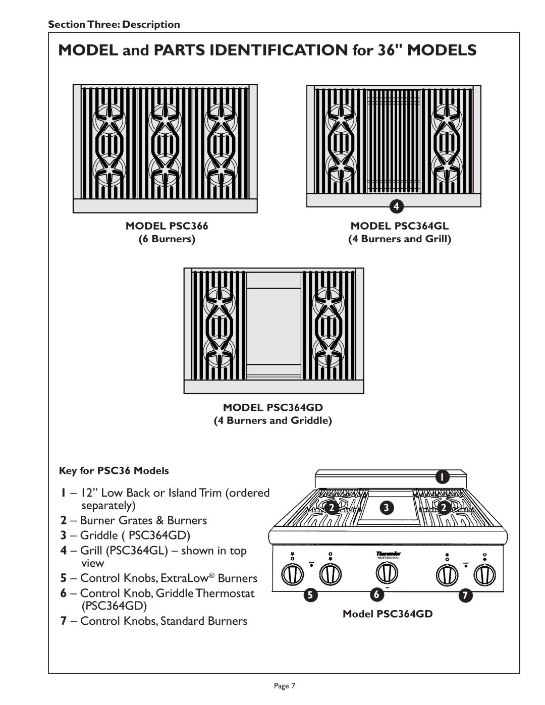 Range Kleen PSC484GG, PSC486GL, PSC486GD manual Model PSC366, Burners Model PSC364GL 4 Burners and Grill, Model PSC364GD 