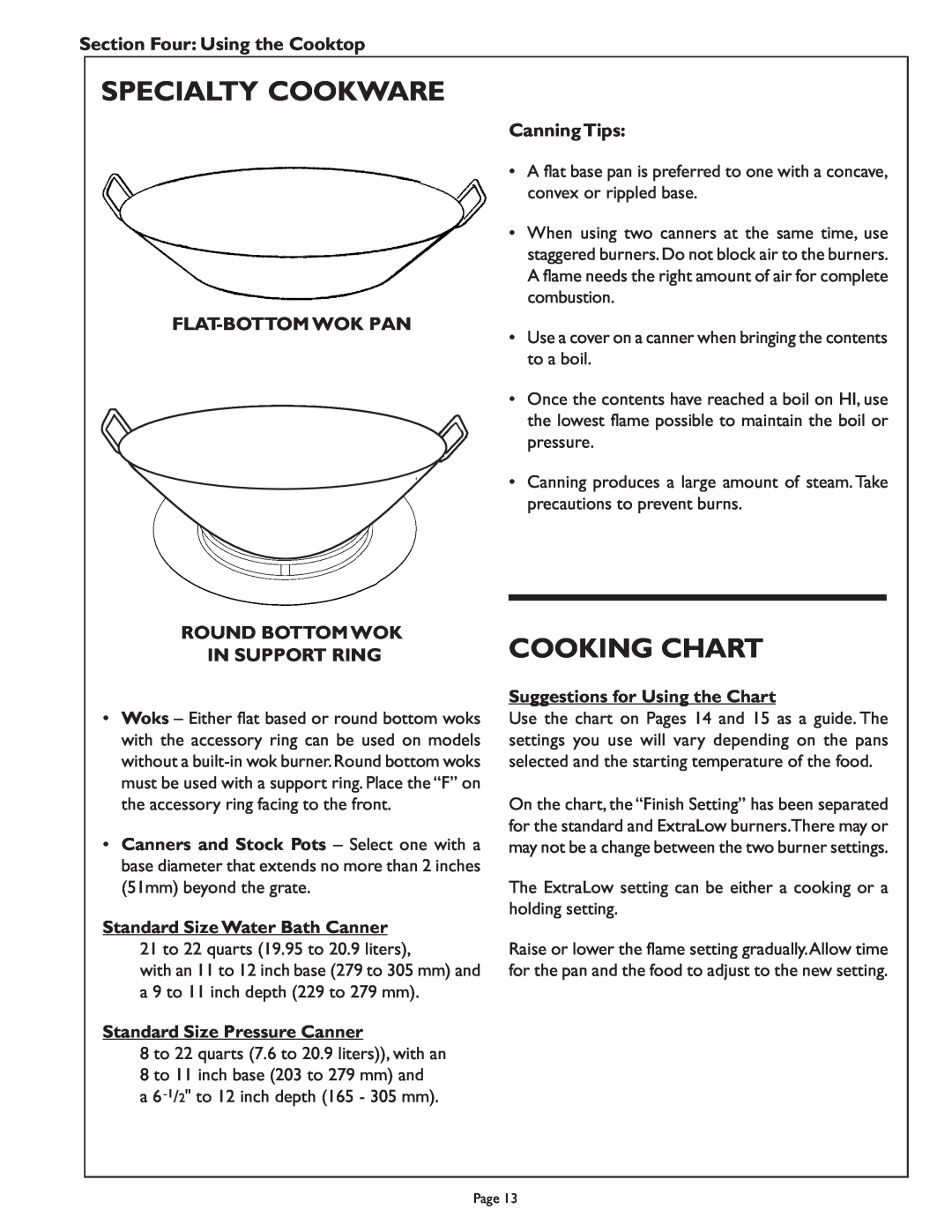 Range Kleen PSC486GL Specialty Cookware, Cooking Chart, Section Four Using the Cooktop, Canning Tips, Flat-Bottom Wok Pan 