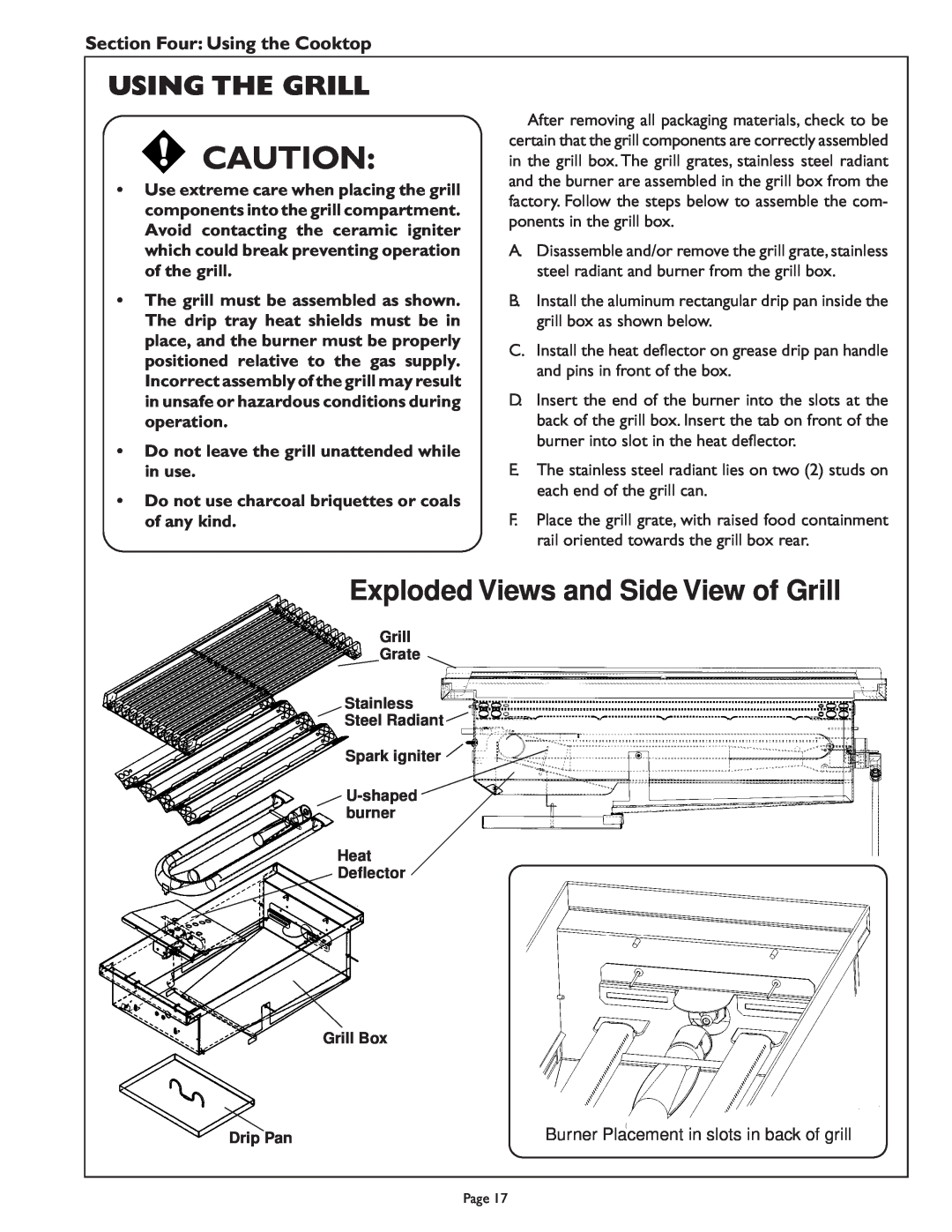 Range Kleen PSC486GD, PSC484GG manual Using The Grill, Exploded Views and Side View of Grill, Section Four Using the Cooktop 