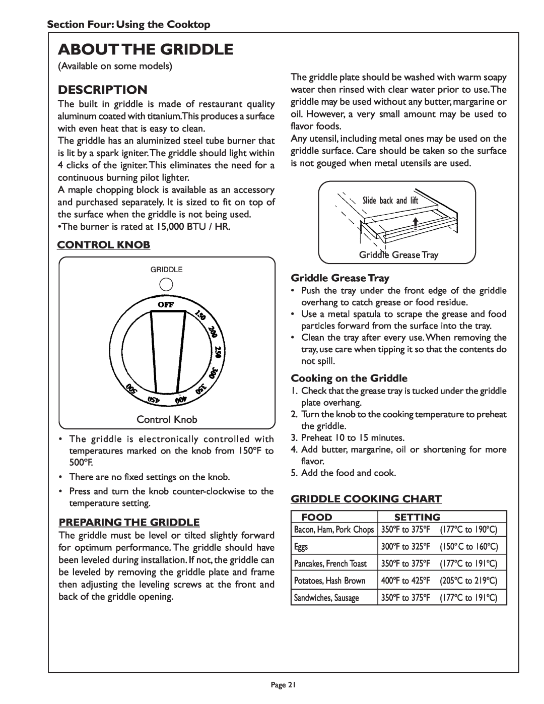 Range Kleen PSC364GL Aboutthe Griddle, Description, Section Four Using the Cooktop, Control Knob, Preparing The Griddle 