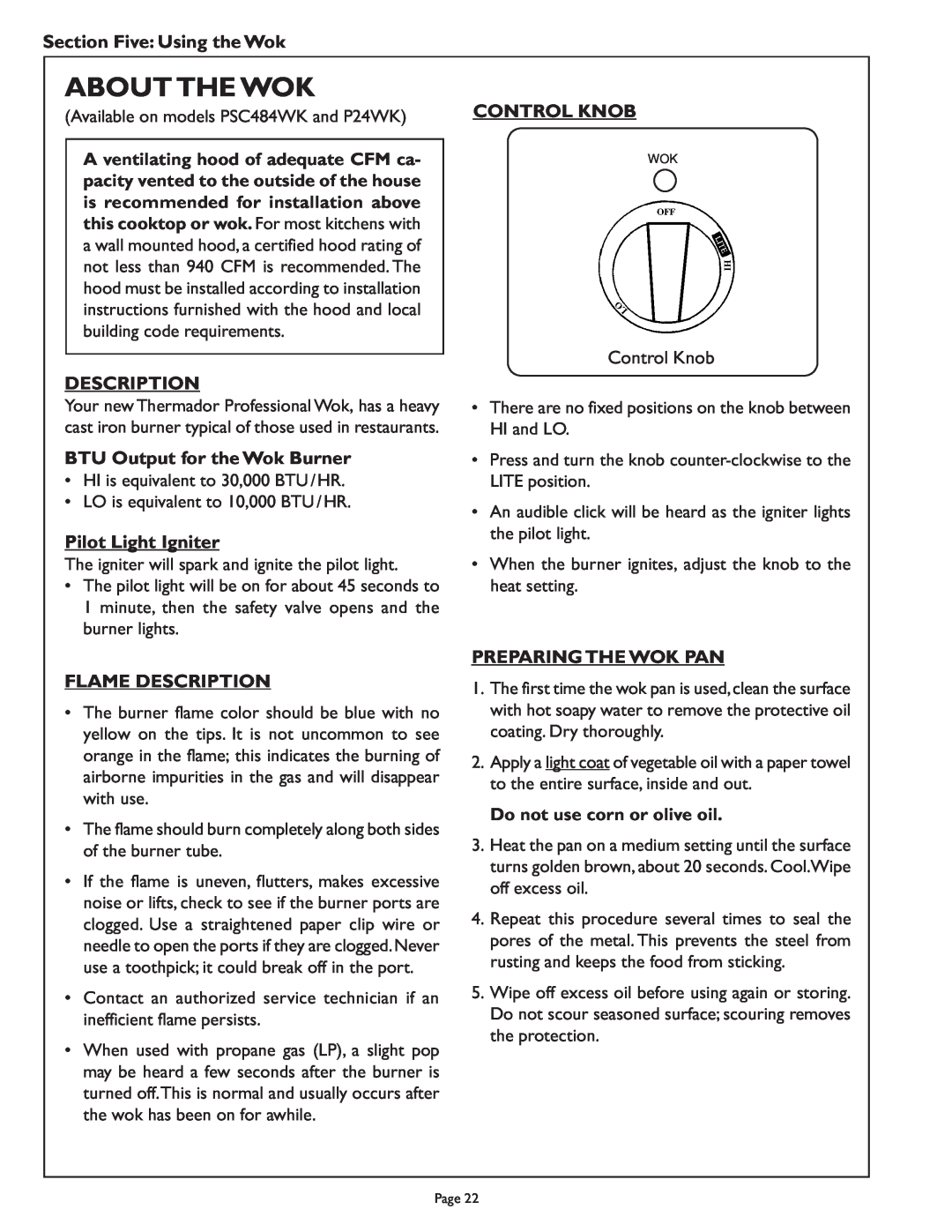 Range Kleen PSC364GD Aboutthe Wok, Section Five Using the Wok, Description, BTU Output for the Wok Burner, Control Knob 