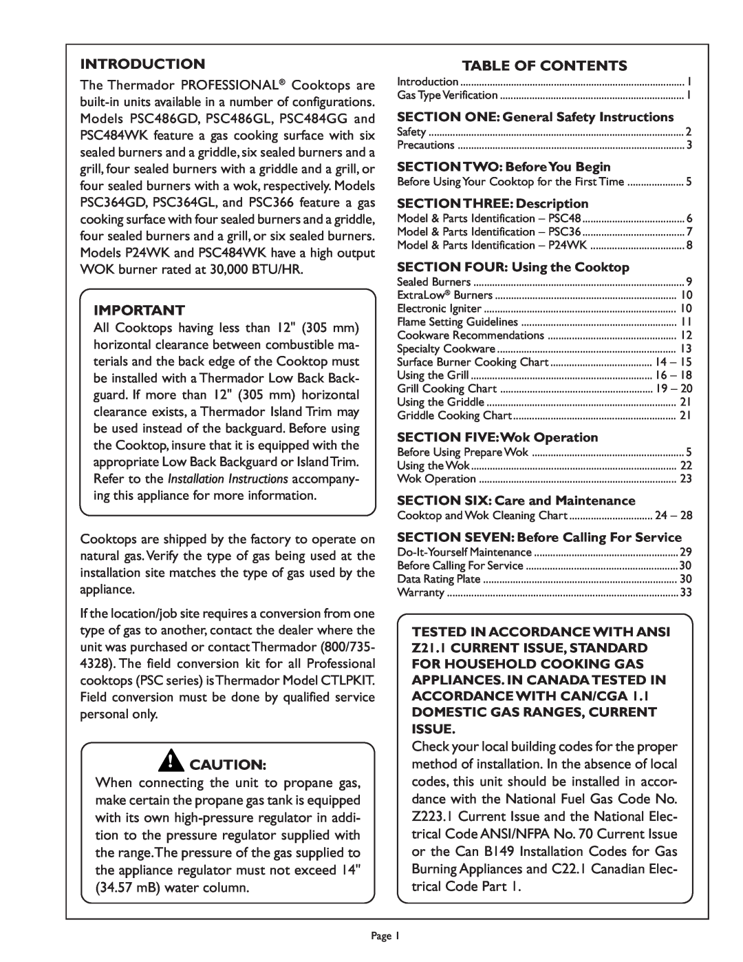 Range Kleen PSC364GD Introduction, Table Of Contents, SECTION ONE General Safety Instructions, SECTION TWO BeforeYou Begin 