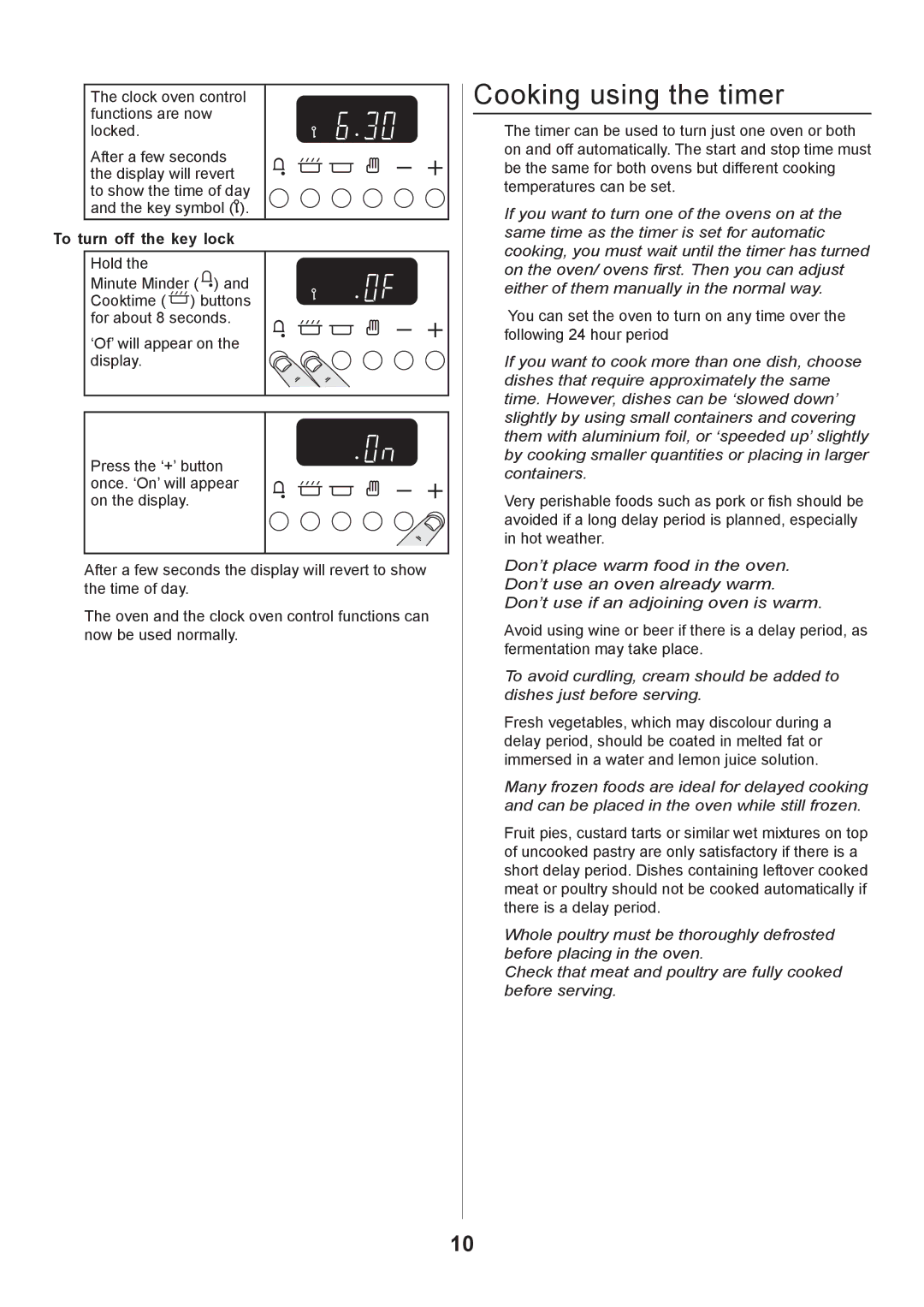 Rangemaster 110 GAS FSD manual Cooking using the timer, To turn off the key lock 