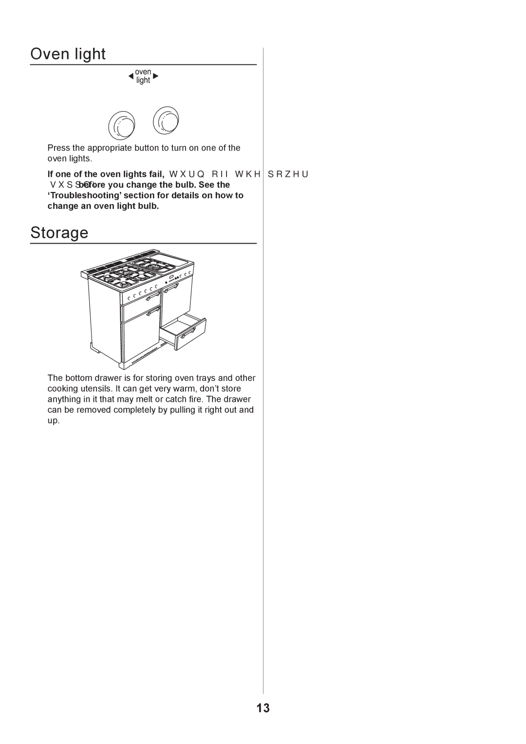 Rangemaster 110 GAS FSD manual Oven light, Storage 