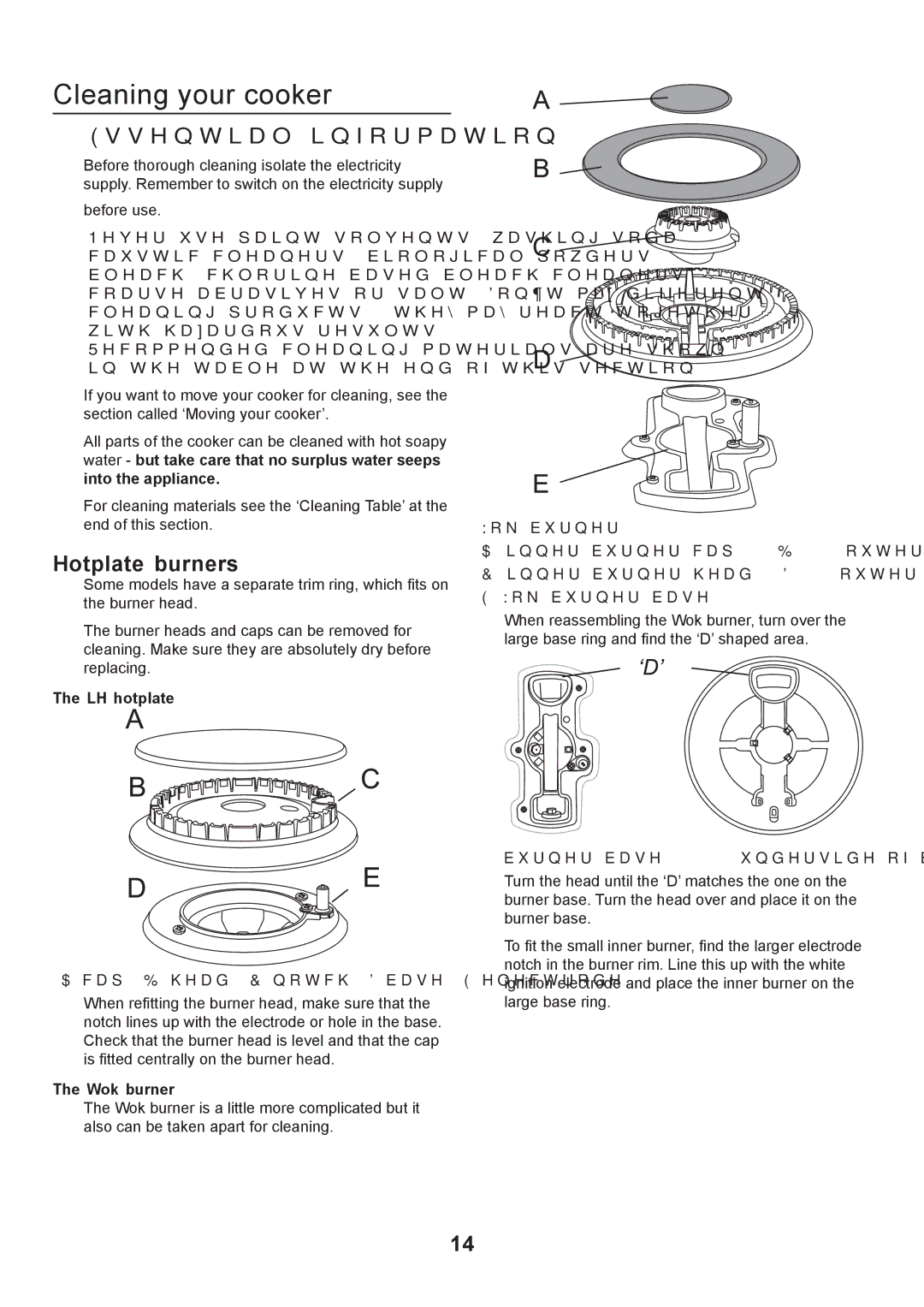 Rangemaster 110 GAS FSD manual Cleaning your cooker, Hotplate burners, LH hotplate, Wok burner 