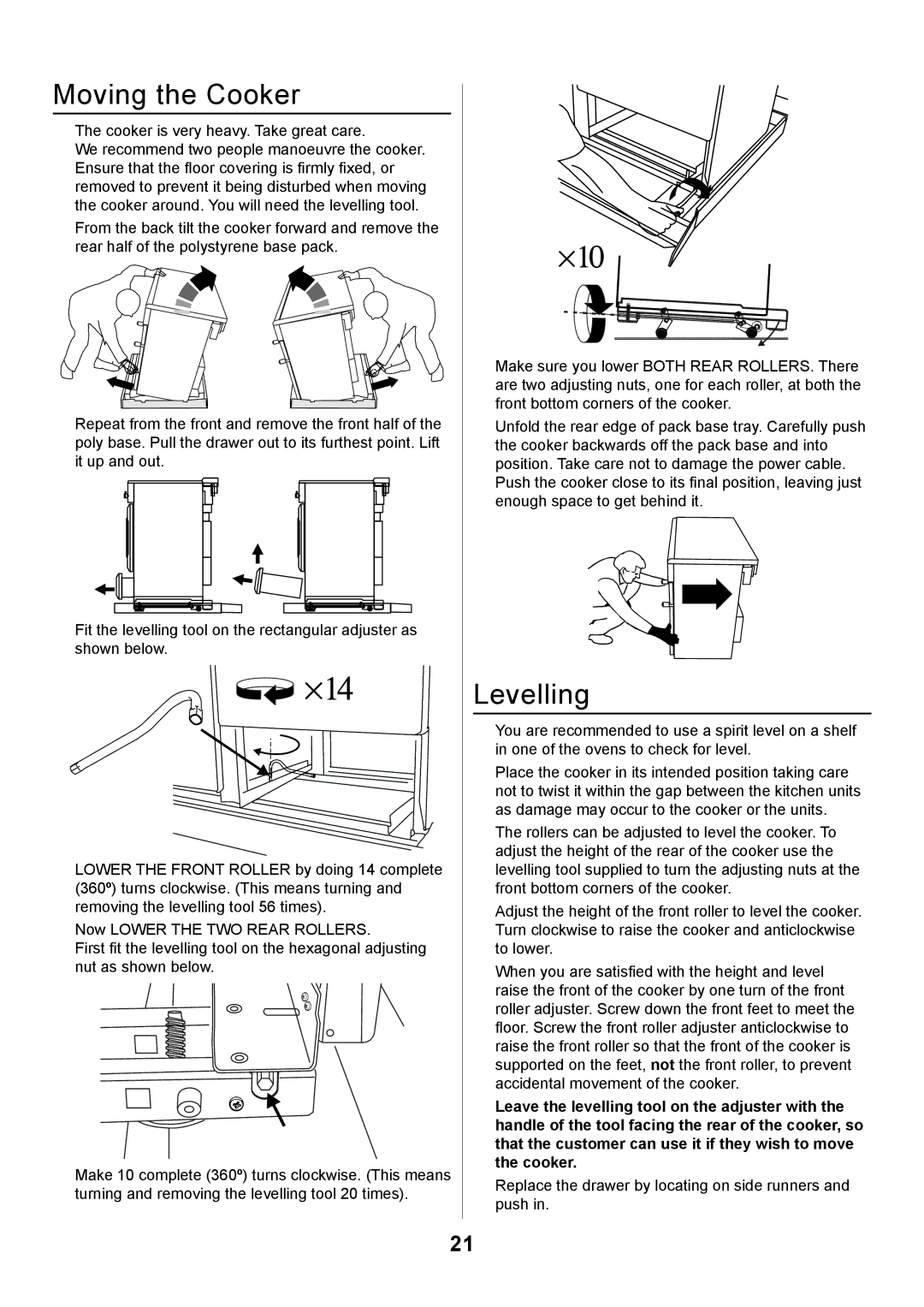 Rangemaster 110 GAS FSD manual Moving the Cooker, Levelling 