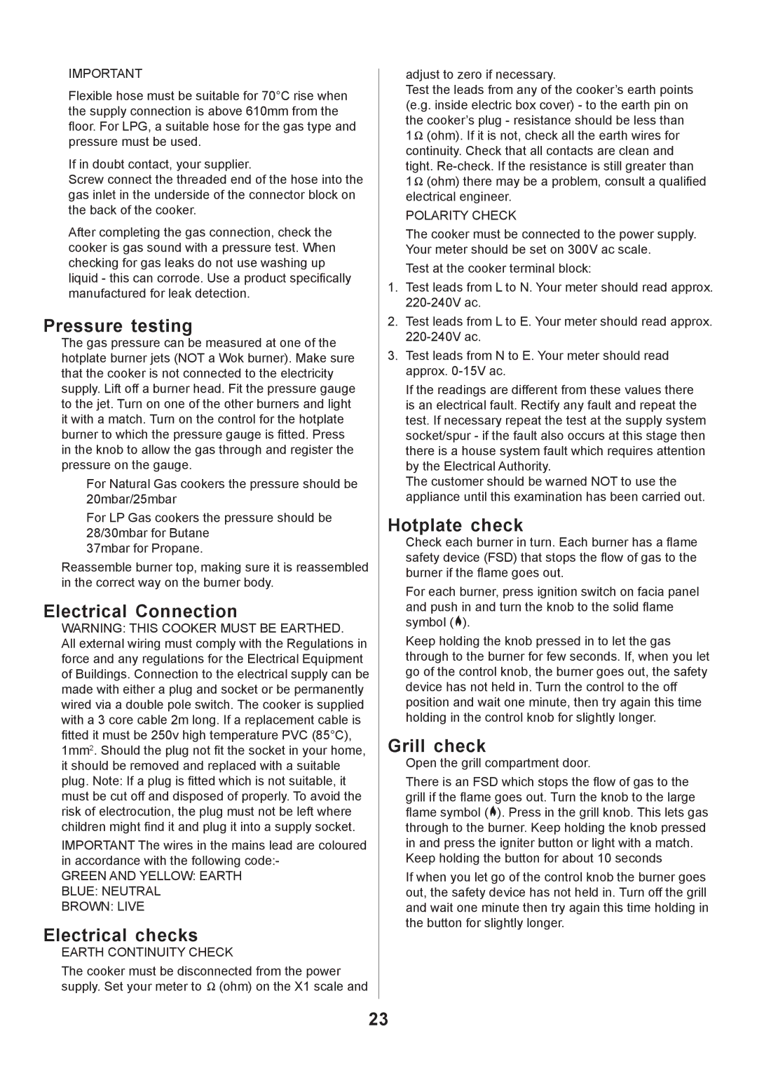 Rangemaster 110 GAS FSD manual Pressure testing, Electrical Connection, Electrical checks, Hotplate check, Grill check 