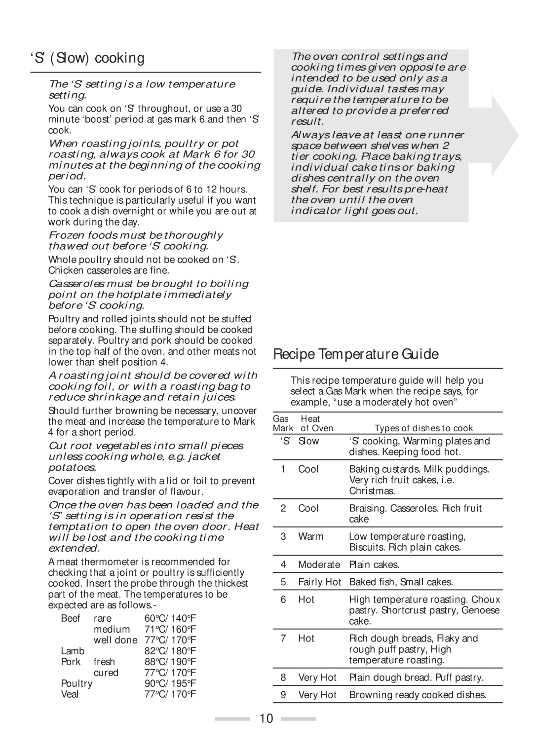 Rangemaster 110 installation instructions ‘S’ Slow cooking, Recipe Temperature Guide 