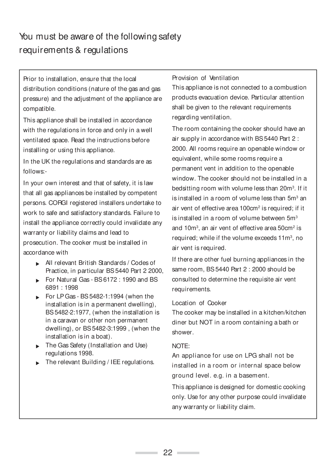 Rangemaster 110 installation instructions Provision of Ventilation, Location of Cooker 